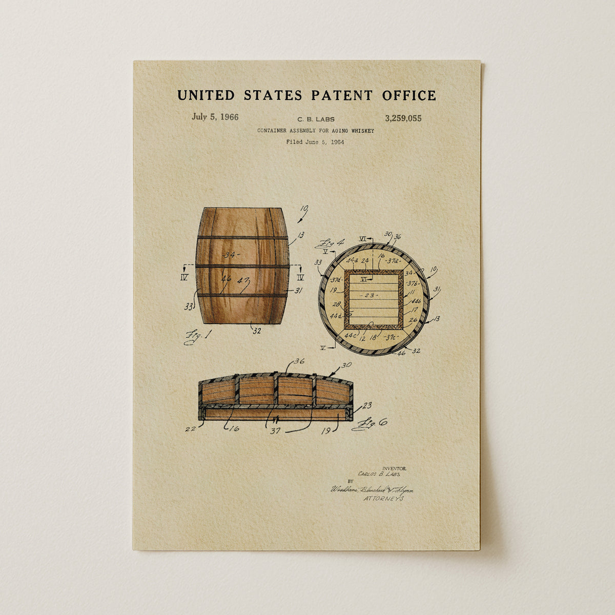 The image is a printed page from the United States Patent Office, featuring a detailed technical drawing of a wooden barrel with a square cutout in the center.