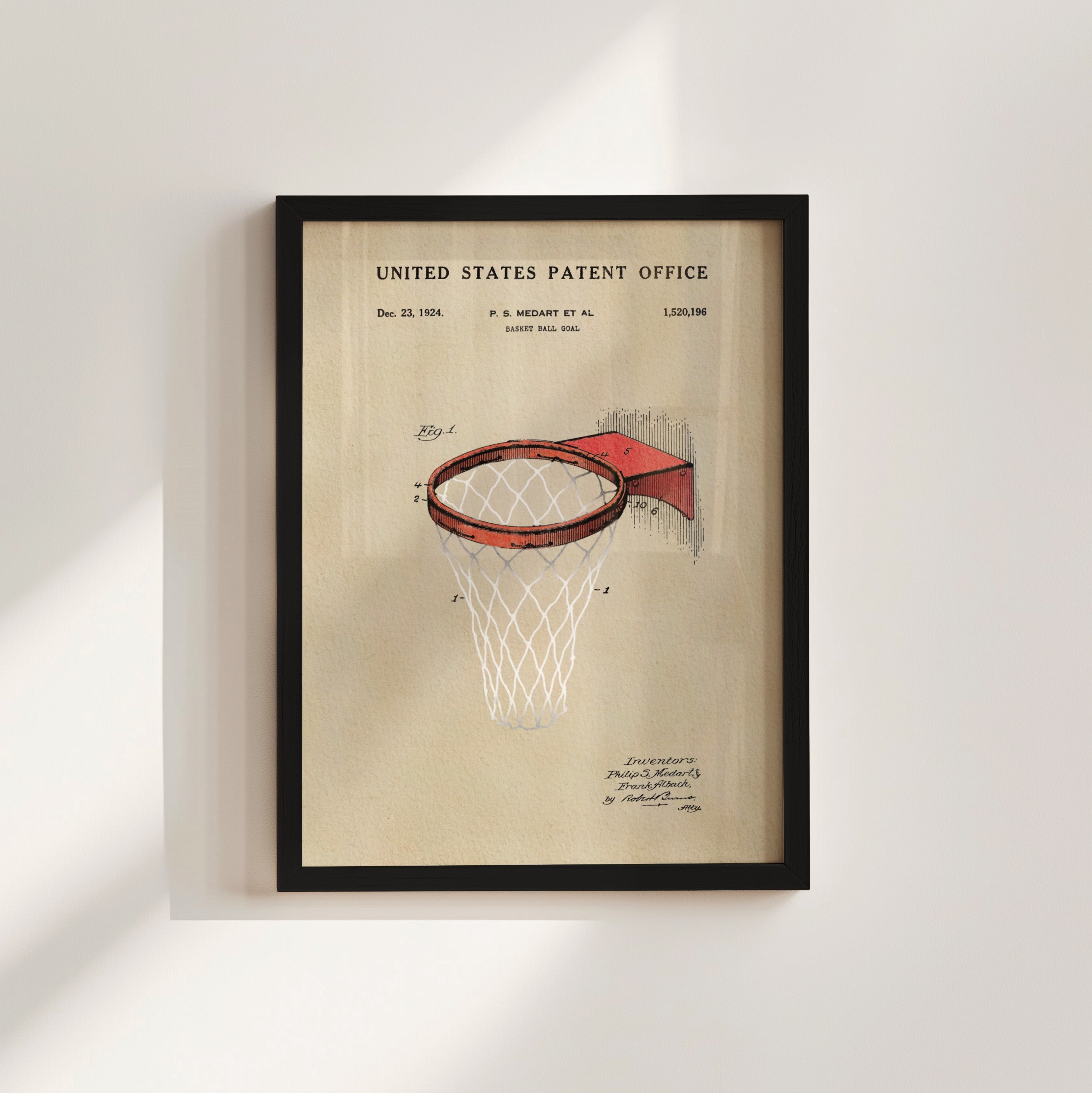 The image is a framed patent drawing of a basketball hoop, depicting the net and the backboard.