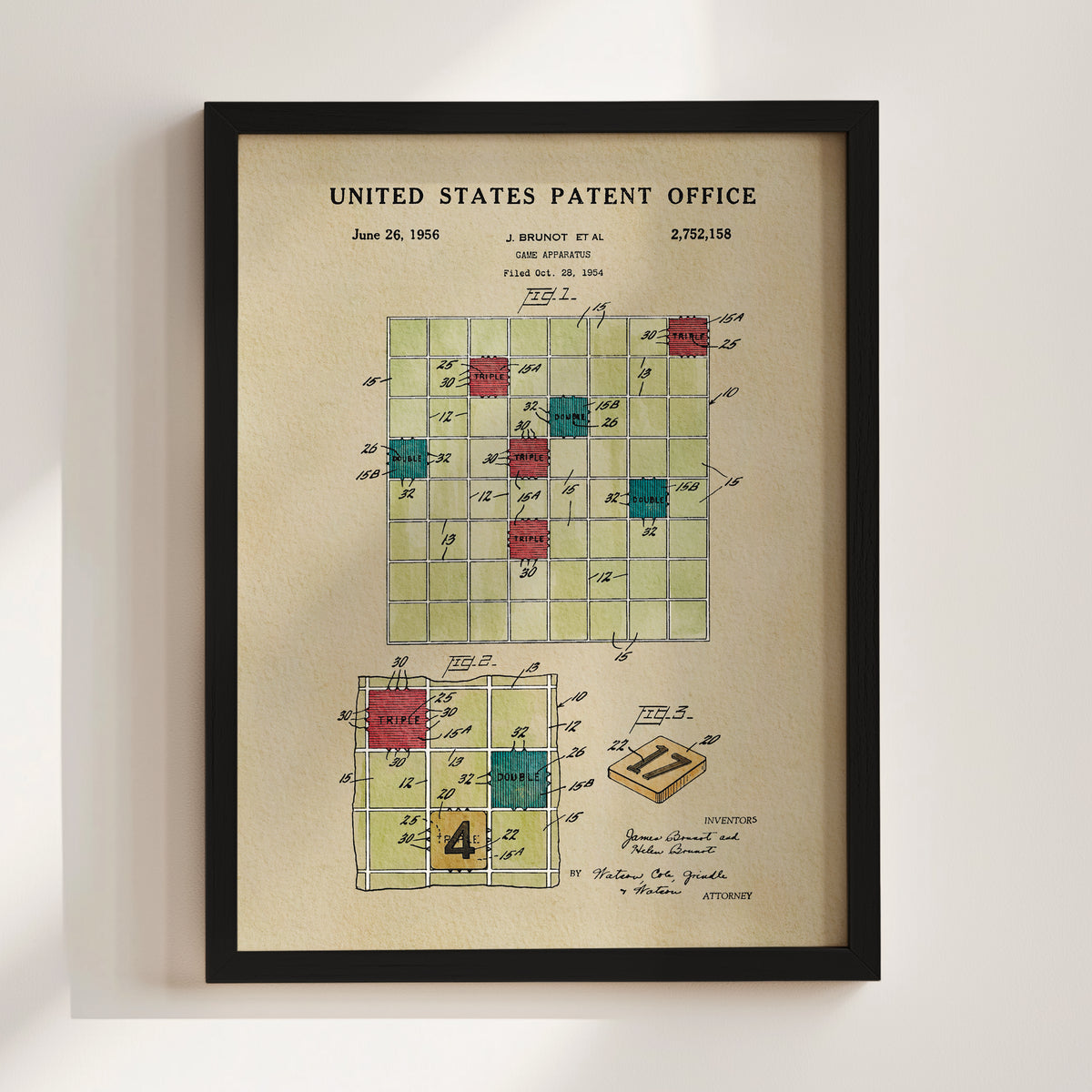 The image is a framed patent drawing from the United States Patent Office, depicting a Trivial Pursuit game with a grid-like pattern and various colored squares.