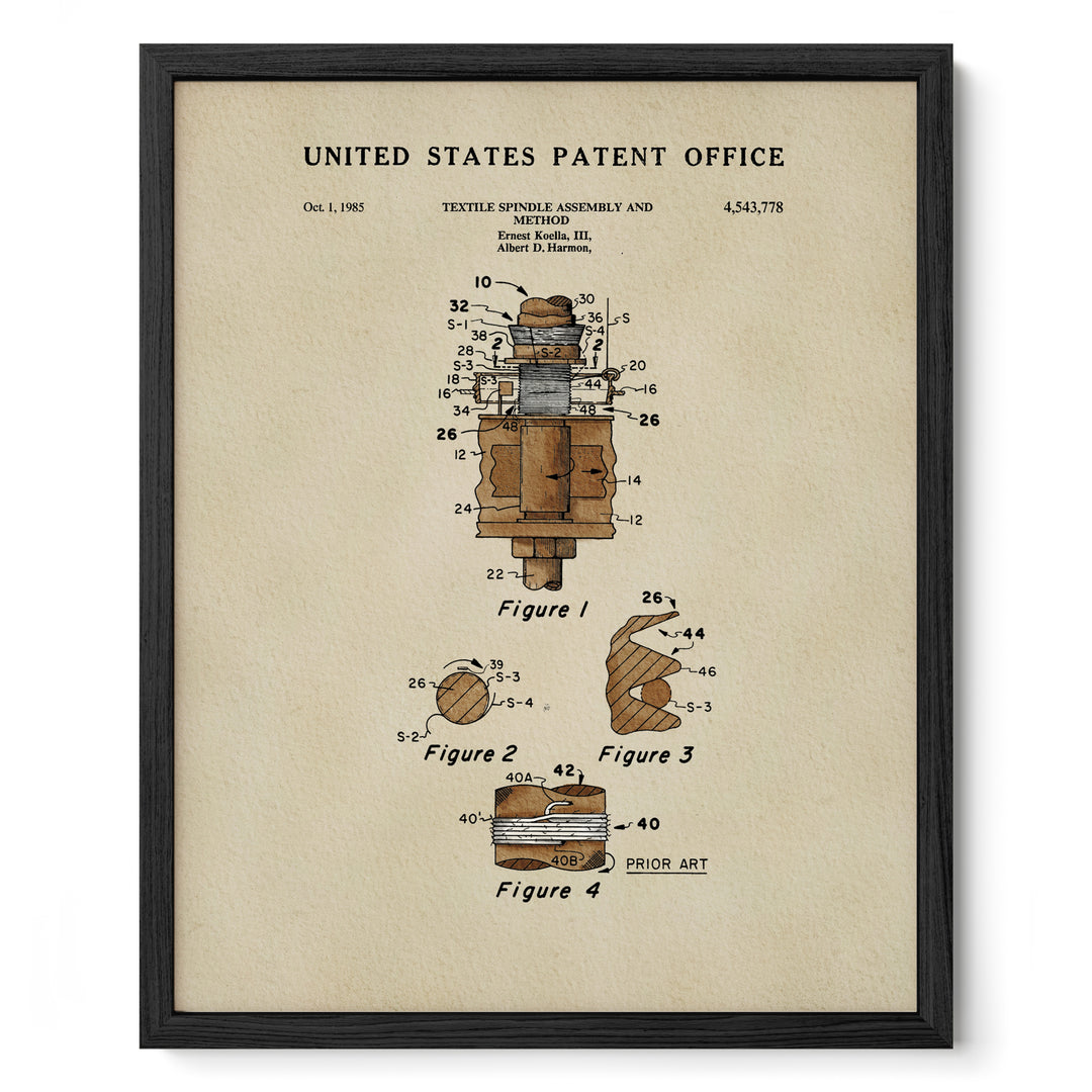 The image is a framed patent drawing from the United States Patent Office, depicting a textile spindle assembly and a spindle and thread spindle.