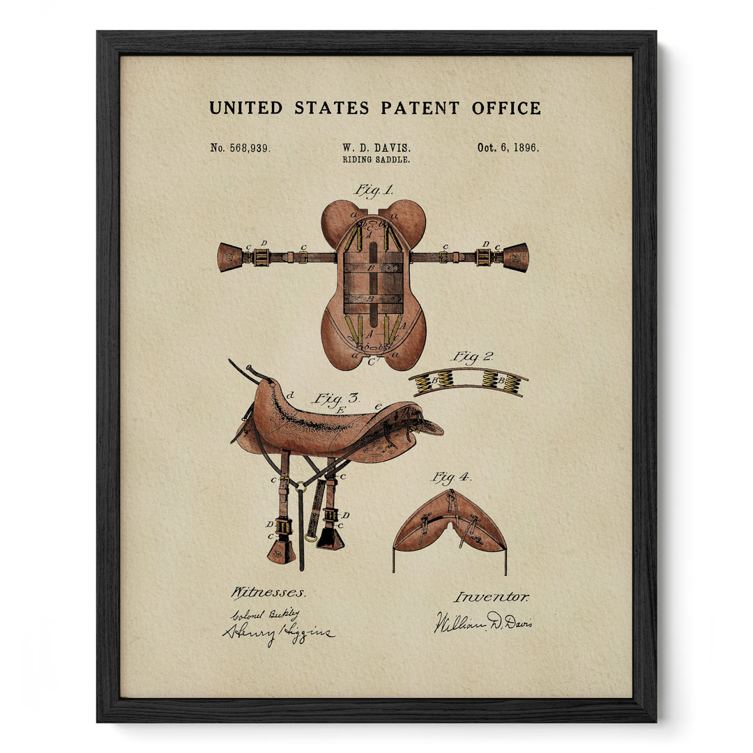 The image is a framed vintage patent drawing depicting a horse saddle, with accompanying technical drawings and inventors' names.