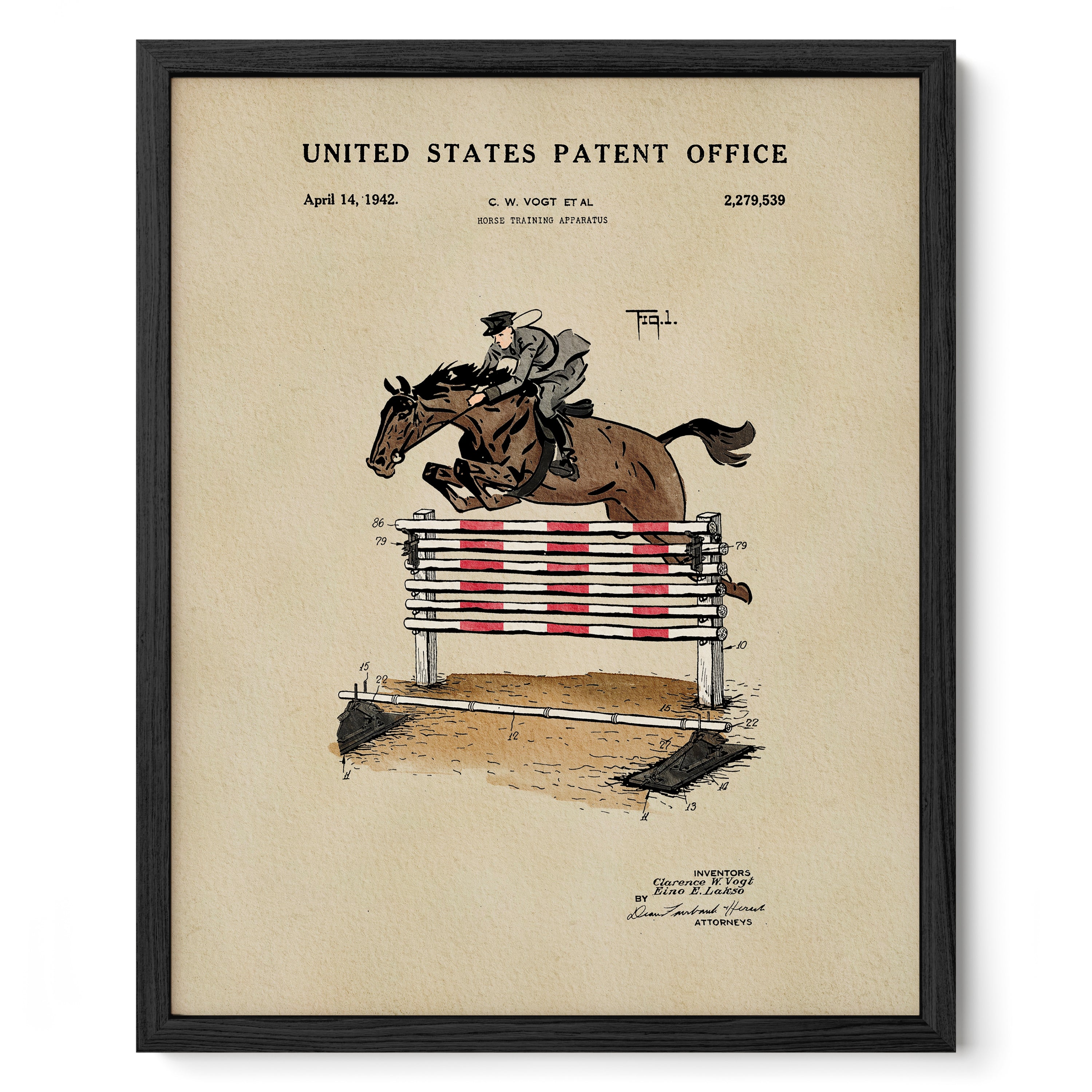 The image is a framed print depicting a horse jumping over a red and white obstacle, with a rider on its back.