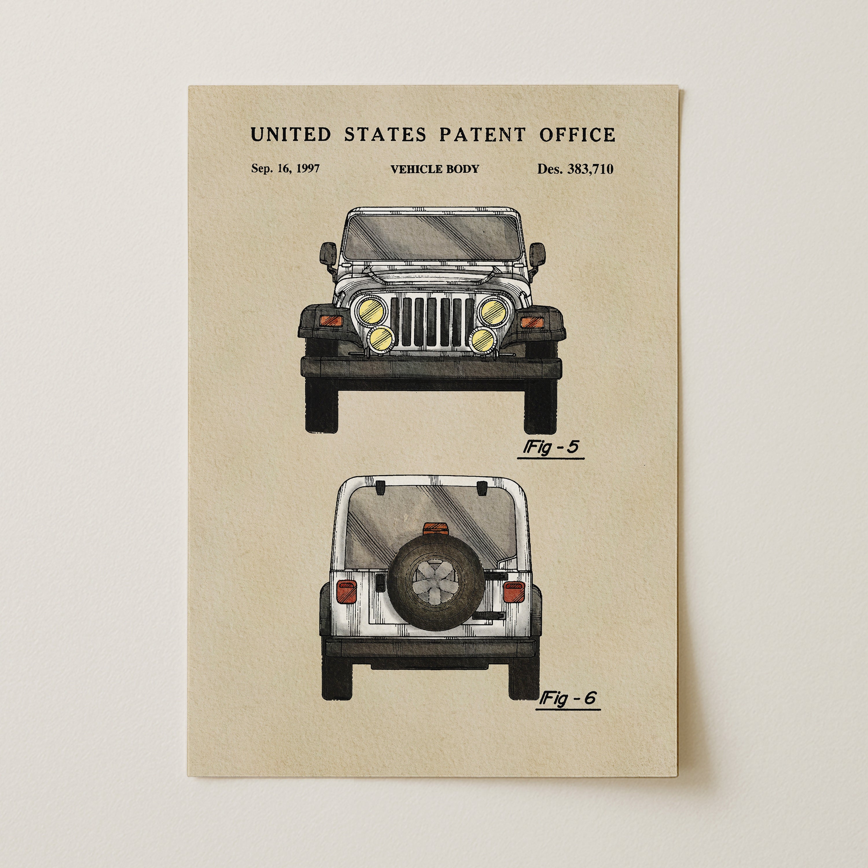 The image is a patent drawing of a vehicle, specifically a Jeep, with detailed technical drawings and specifications.