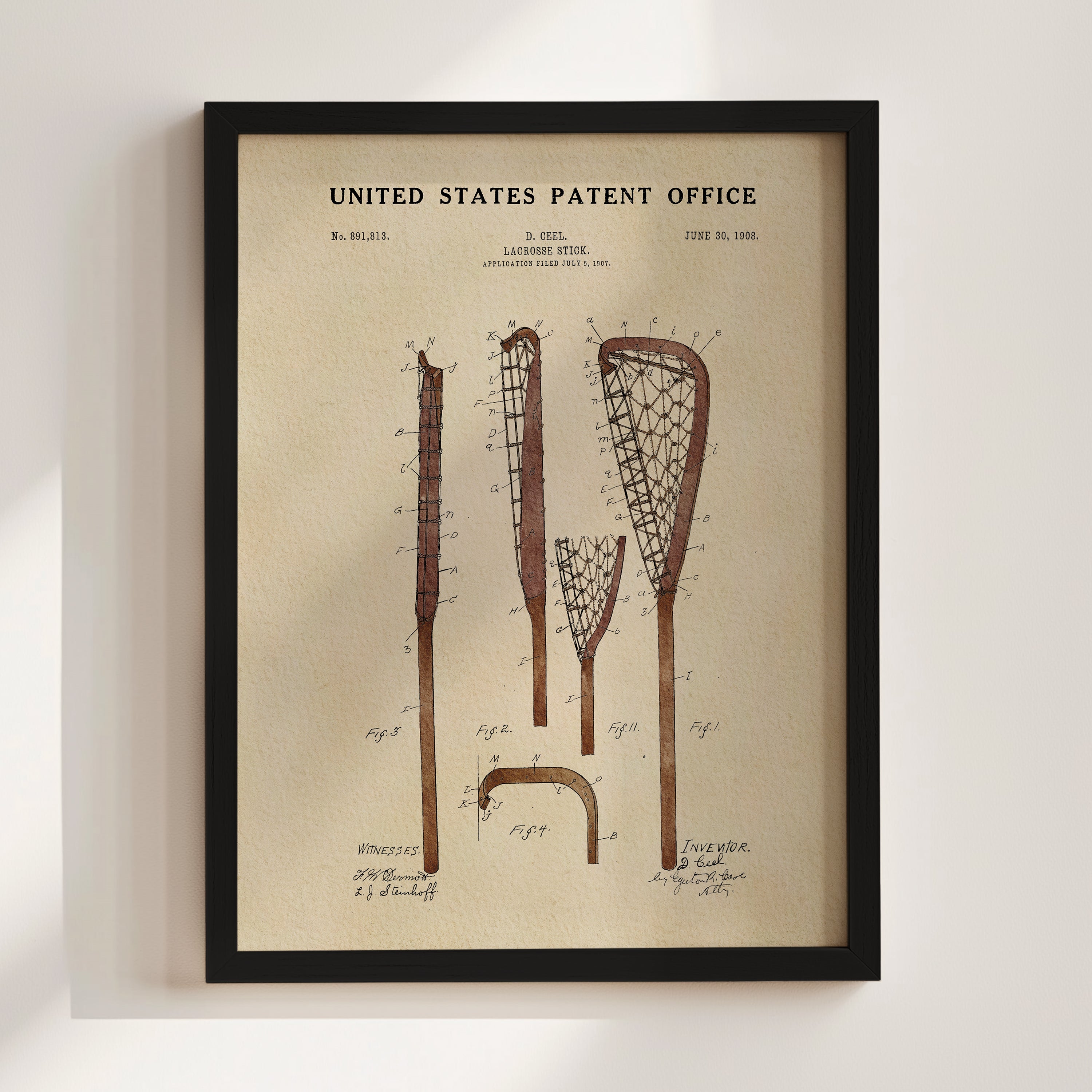 The image is a framed patent drawing depicting various lacrosse equipment, including a net, stick, and other gear.
