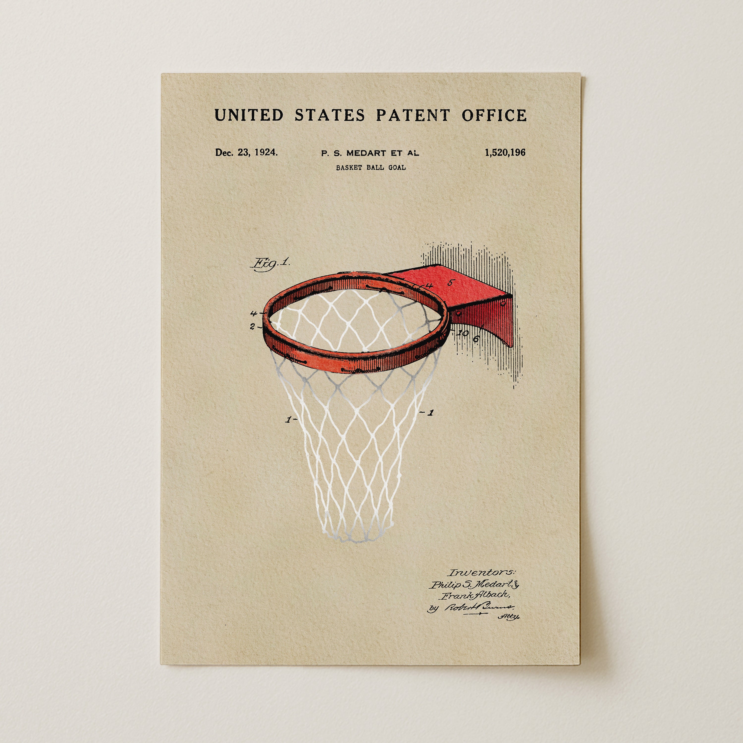 A United States Patent Office patent from December 23, 1924, for a basketball hoop with a net.
