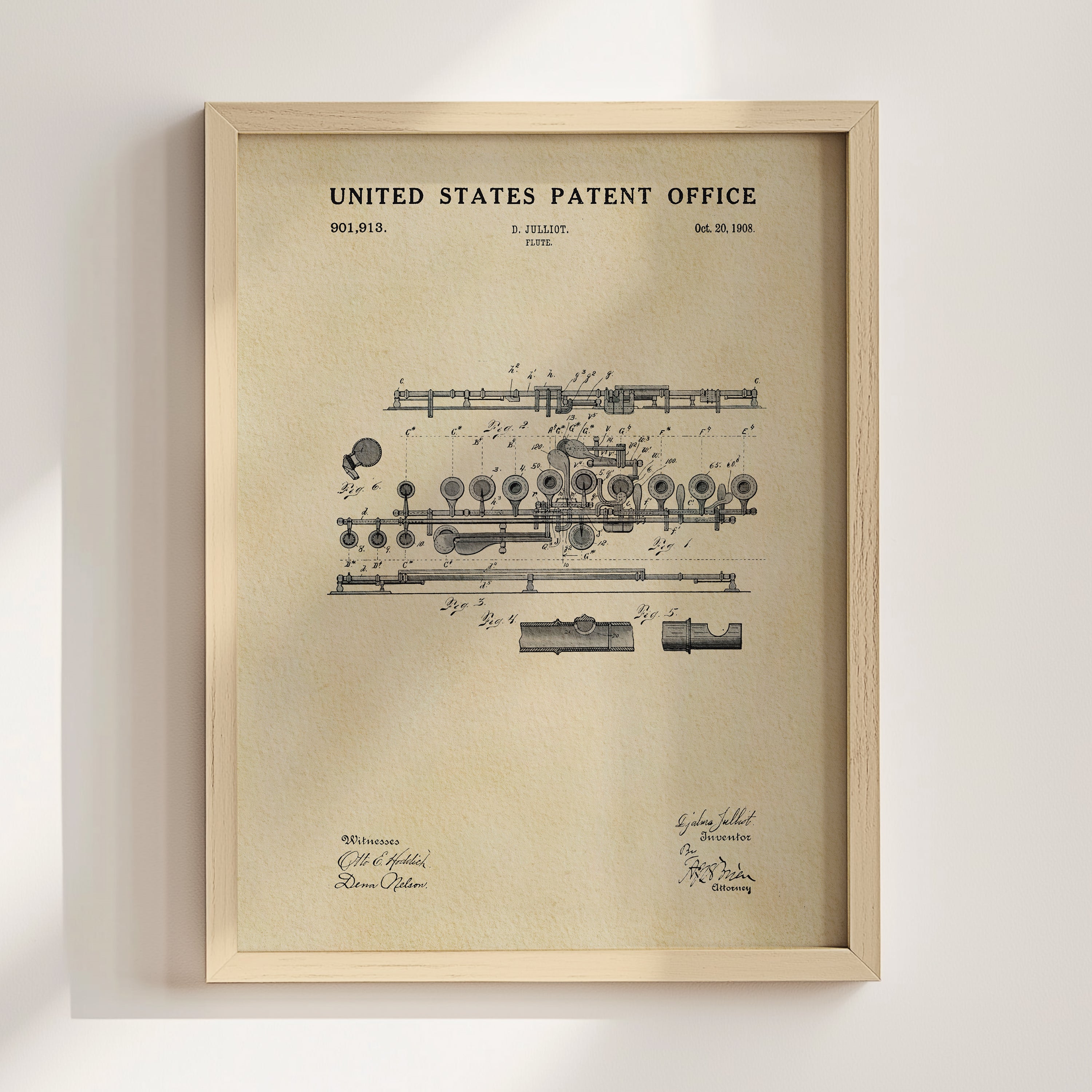 The image is a framed patent drawing from the United States Patent Office, depicting a musical instrument with detailed technical drawings and annotations.
