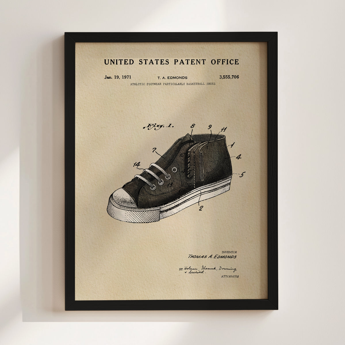 A framed patent drawing of a shoe from 1971, depicting the design and features of the shoe.