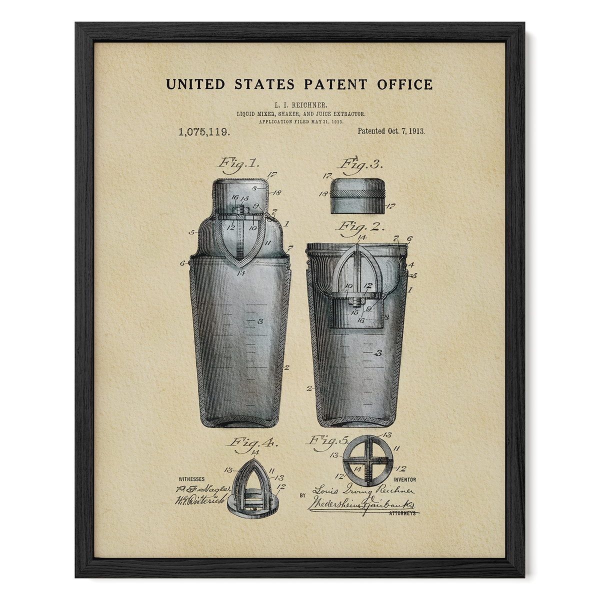 The image is a framed patent drawing depicting a silver cocktail shaker with various technical drawings and annotations.