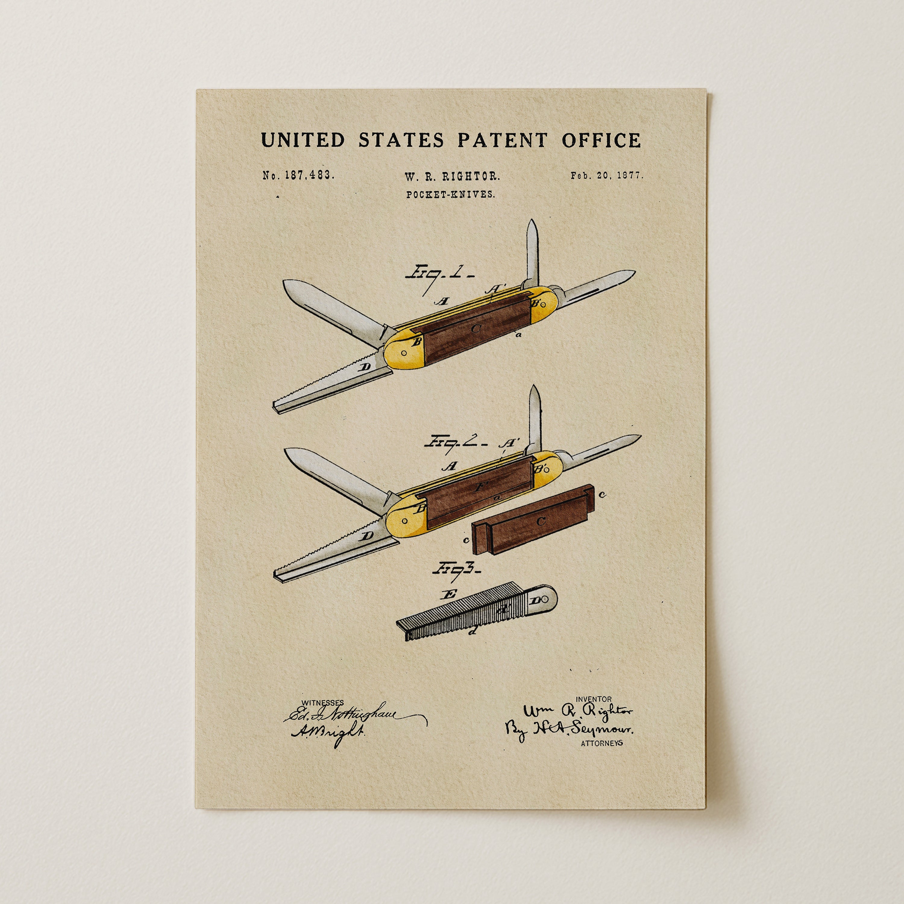 The image is a patent drawing of a folding knife with a wooden handle and a metal blade, featuring a detailed illustration of the knife's design and components.
