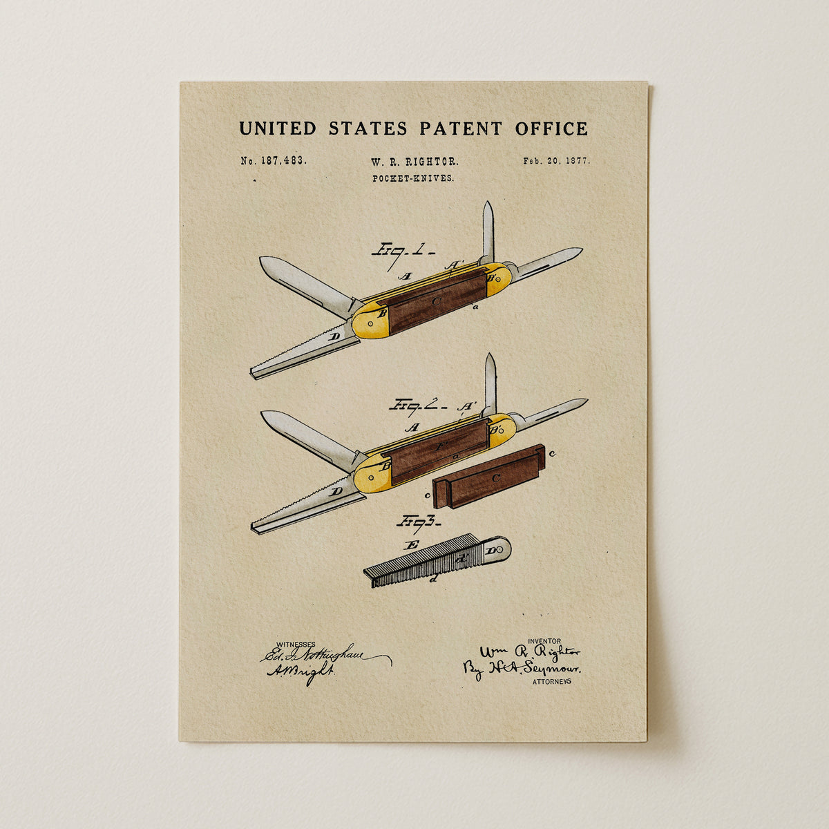 The image is a patent drawing of a folding knife with a wooden handle and a metal blade, featuring a detailed illustration of the knife's design and components.