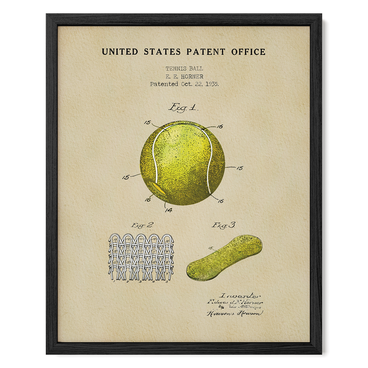 The image is a framed print depicting a tennis ball and a tennis racket, along with a diagram and text indicating that it is a patent from the United States.