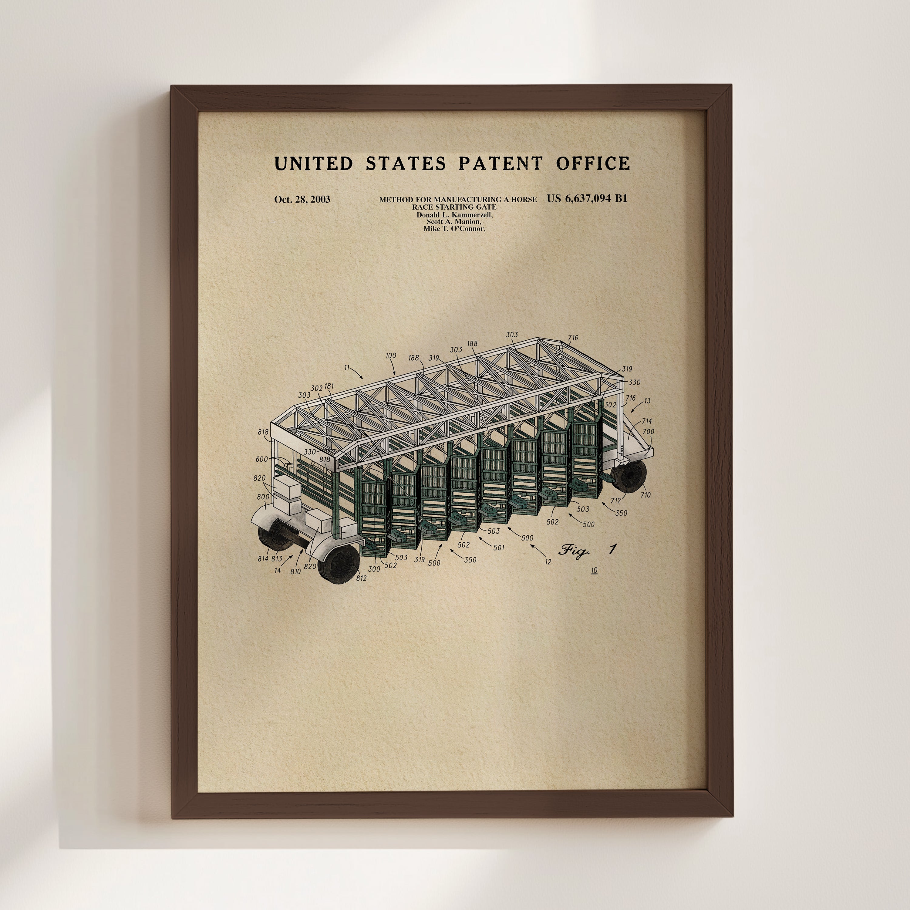 The image is a framed patent drawing depicting a vehicle with a unique design, likely inspired by the concept of a horse-drawn carriage.