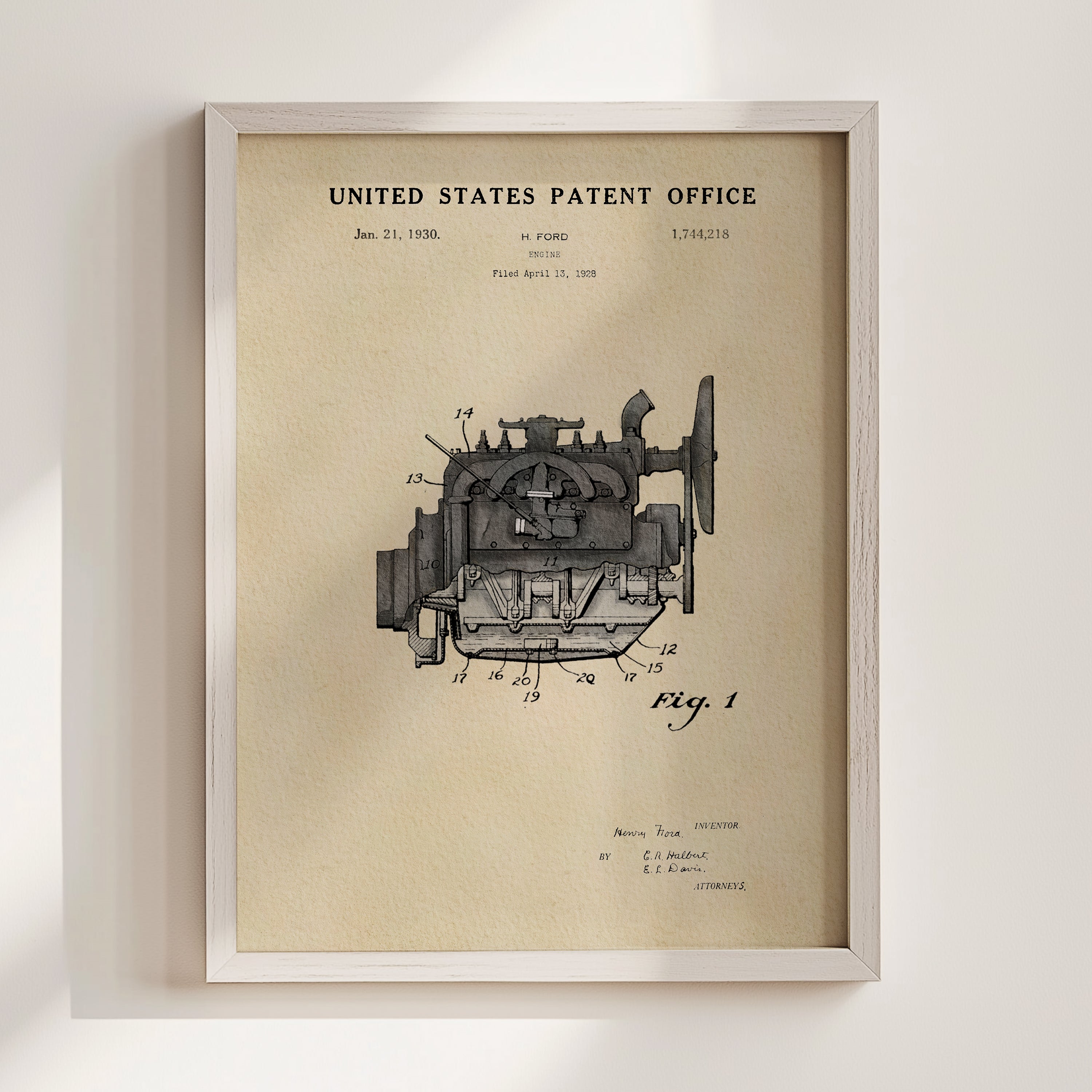 The image is a framed patent drawing depicting an engine, which is a piece of machinery or device that converts one form of energy into another.