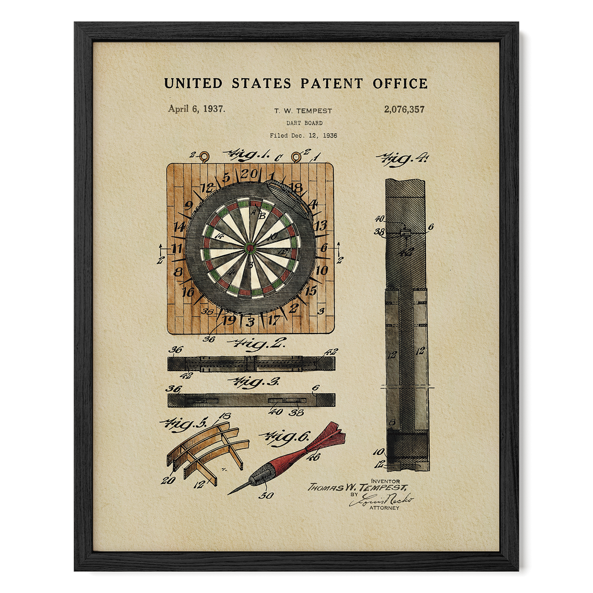 The image is a framed patent drawing depicting a dartboard and various dart-related components, including a dart and a dartboard.