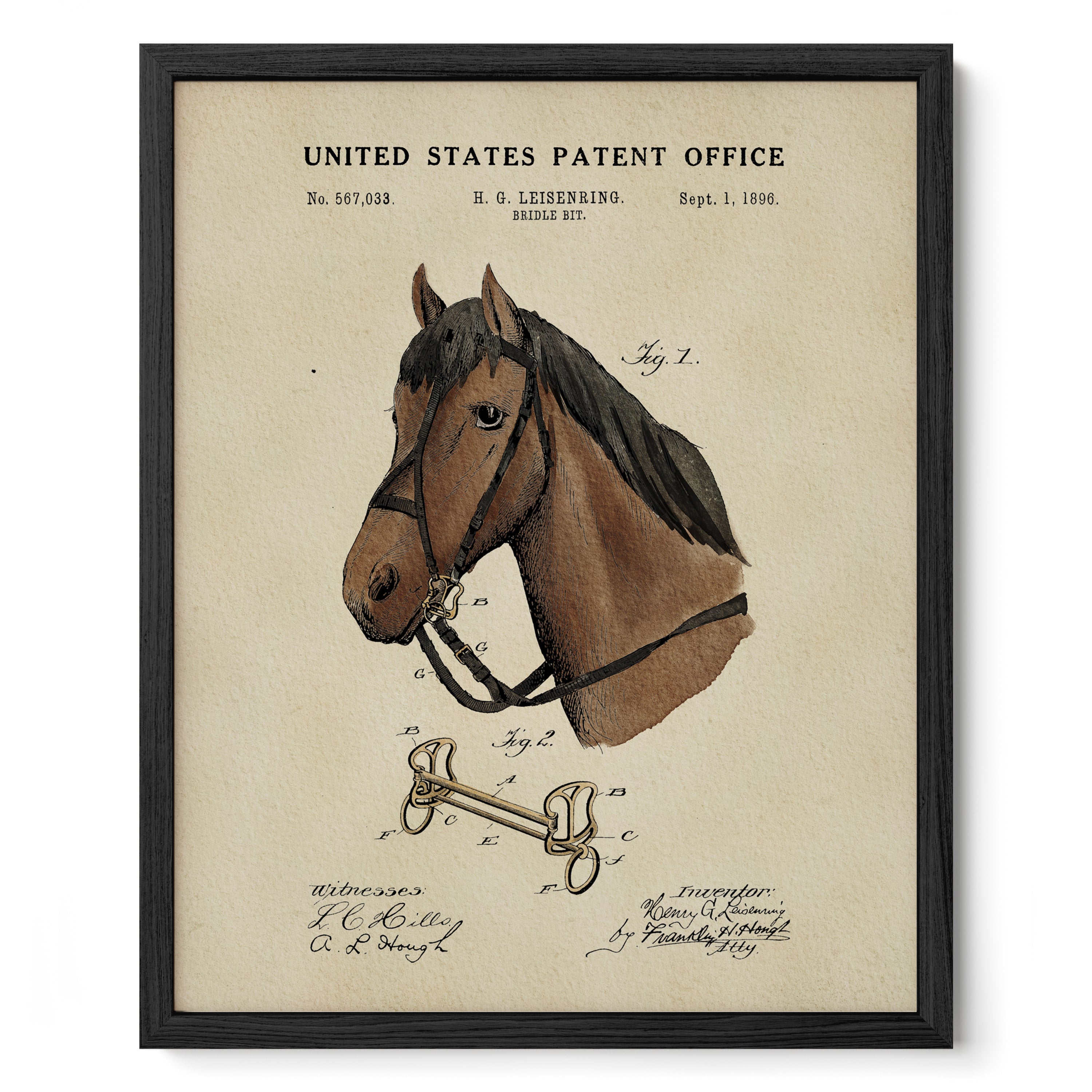 The image is a framed print depicting a horse's head and harness, with a patent office sign above it.