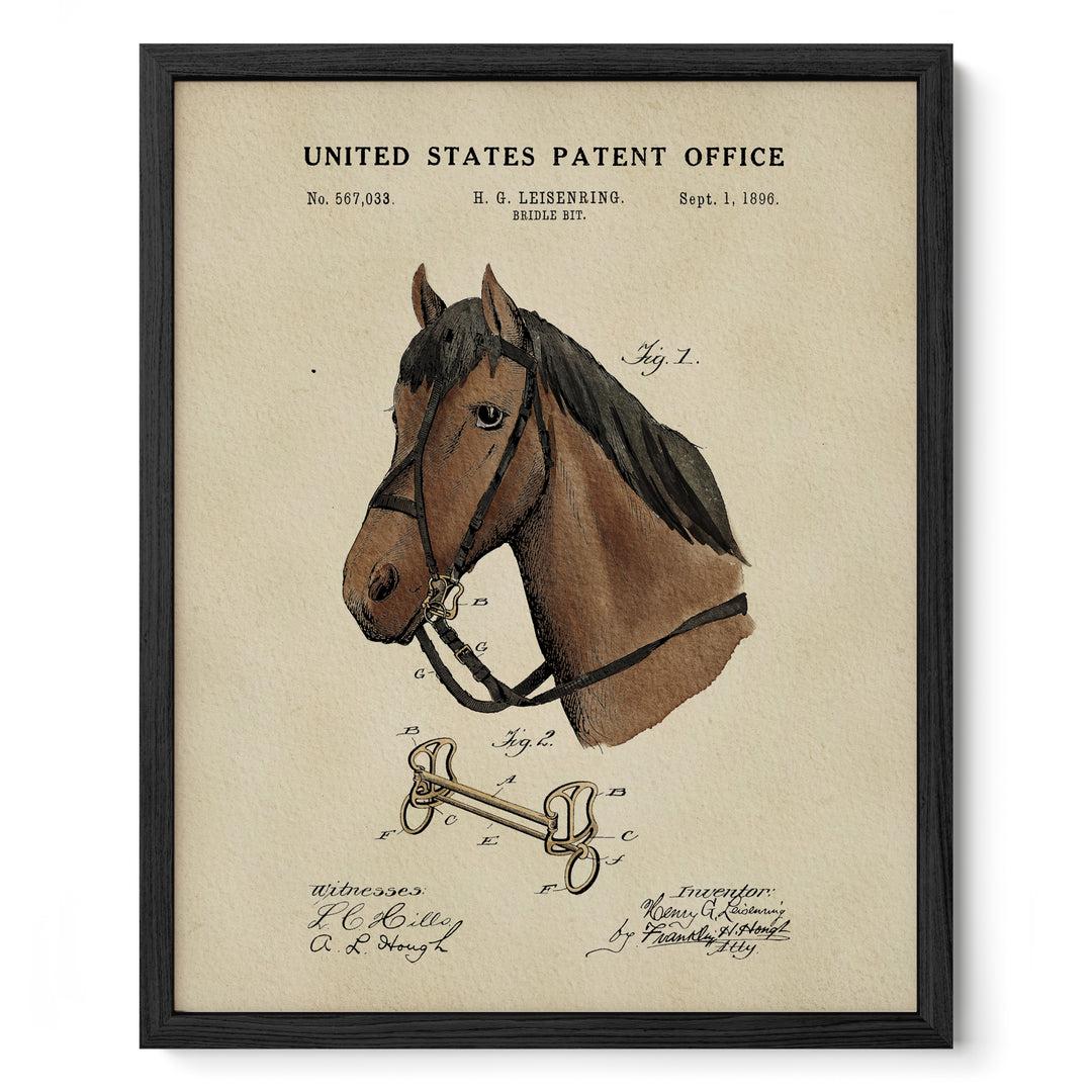The image is a framed print depicting a horse's head and harness, with a patent office sign above it.