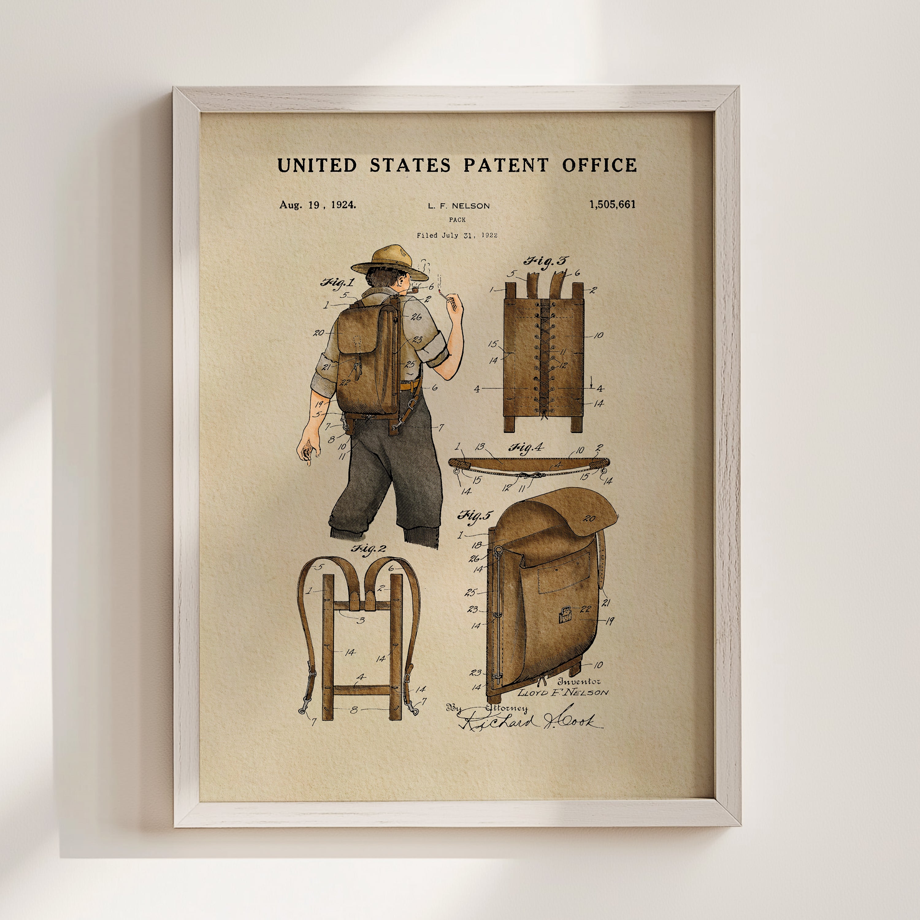 The image is a framed patent drawing depicting a man wearing a backpack, with various technical drawings and specifications surrounding him.