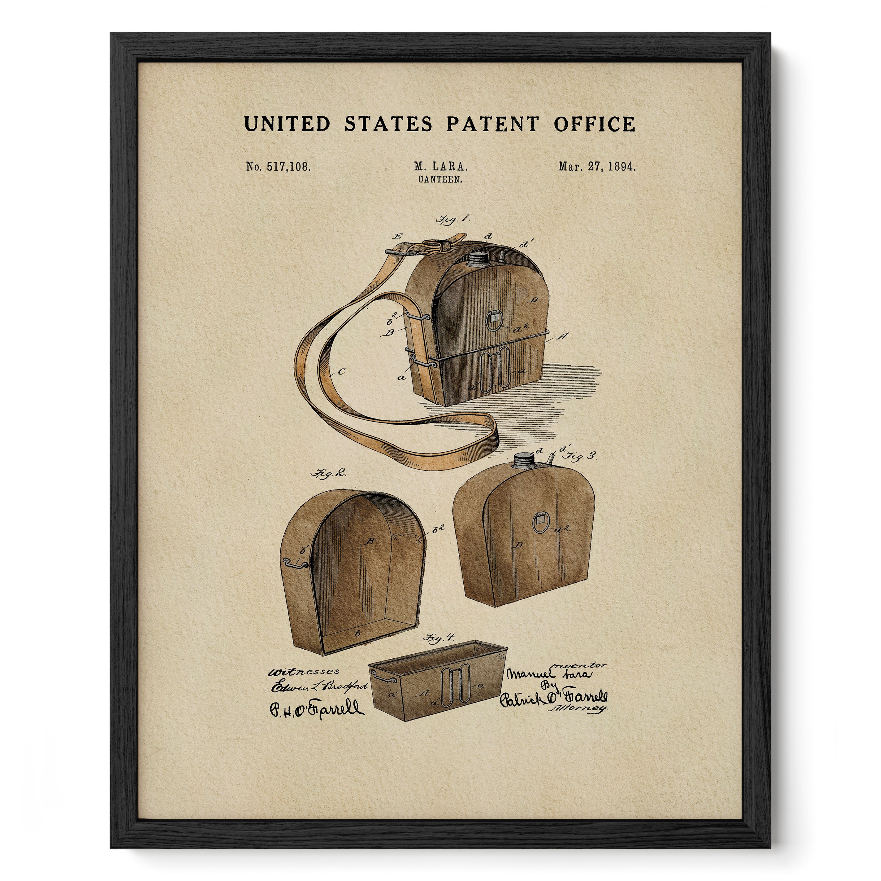 The image is a framed print depicting a patent drawing for a wooden box, with various technical drawings and annotations.