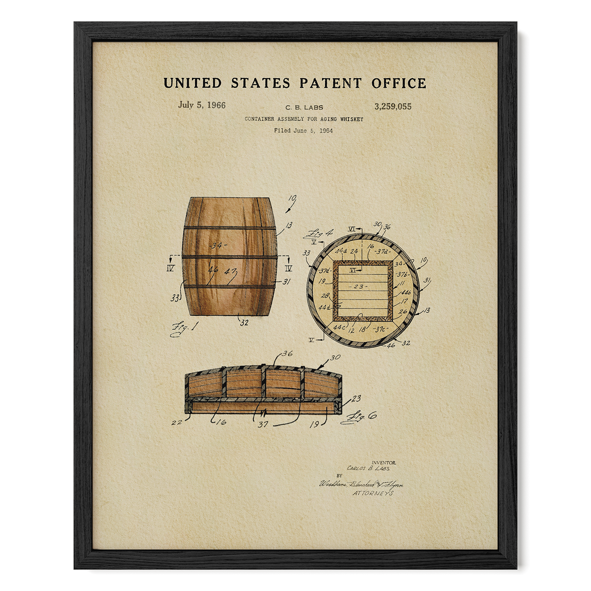 The image is a framed patent drawing from the United States Patent Office, depicting a wooden barrel with detailed technical drawings and specifications.
