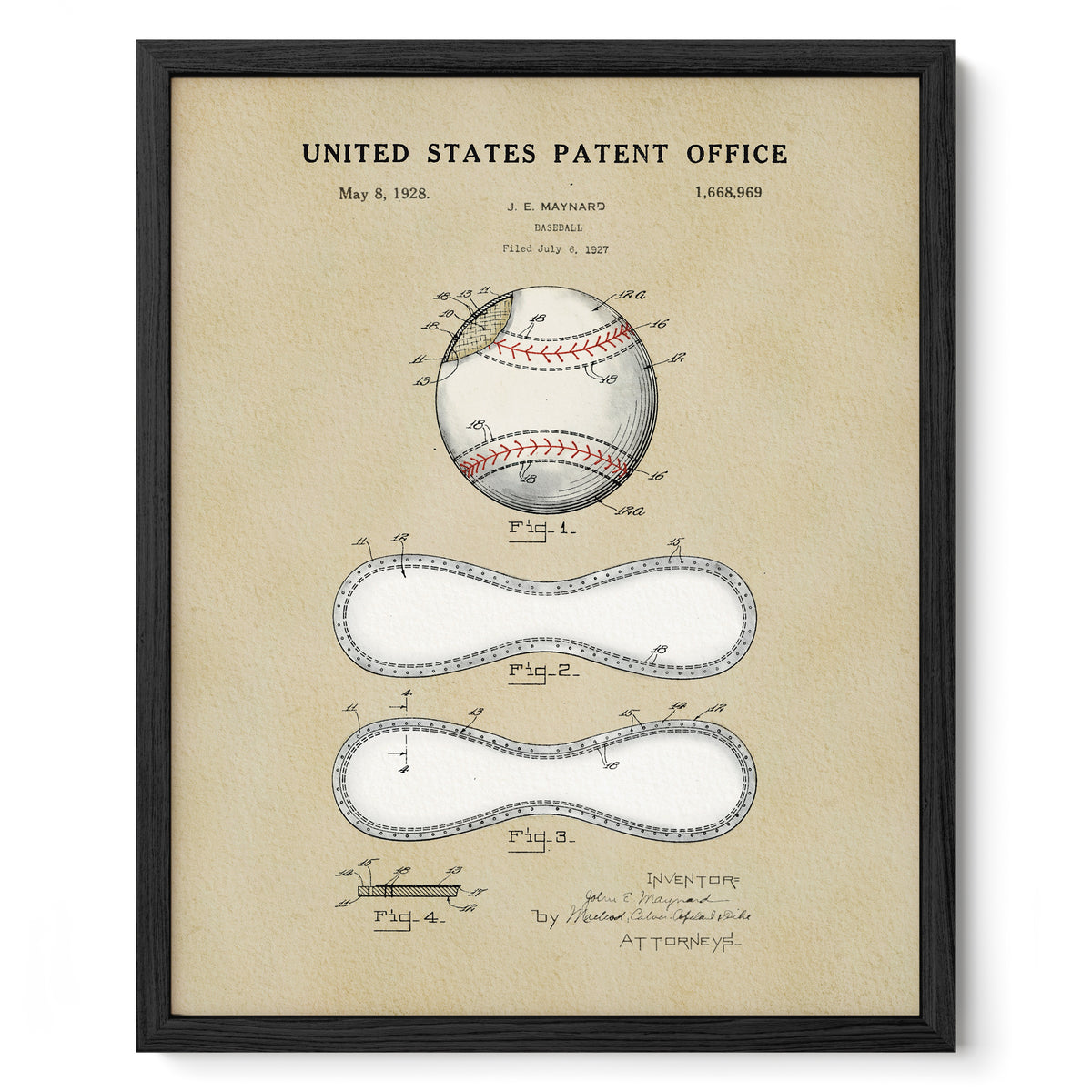 The image is a framed print of a baseball patent from the United States Patent Office, dated May 8, 1928, and numbered 1,168,989. It features a detailed drawing of a baseball with a caption that reads "Invented by John and Maynard Smith, filed July 10, 1957".