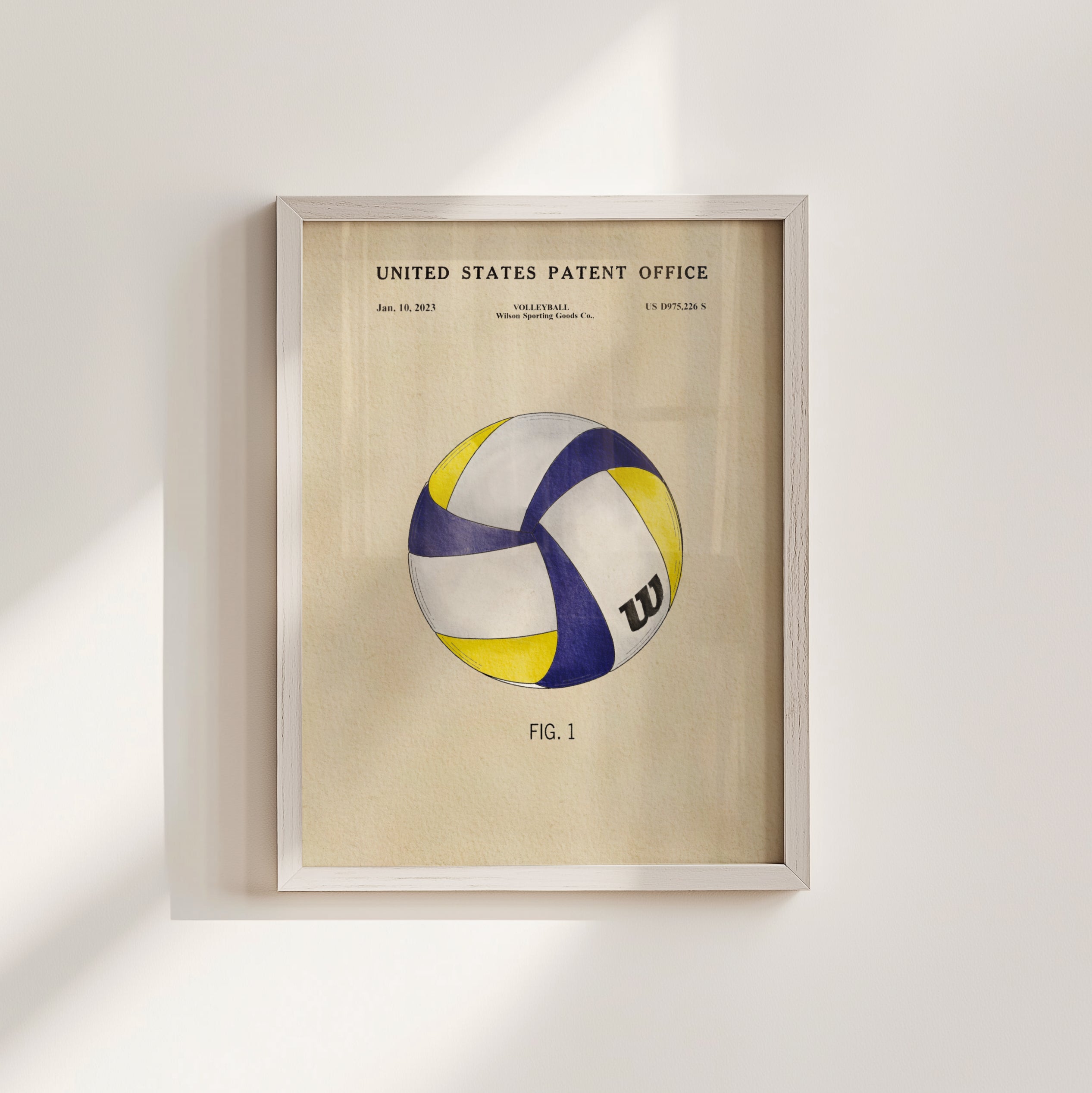The image is a framed print of a volleyball patent from the United States Patent Office, dated January 19, 2013, with a copyright notice from the United States Patent and Trademark Office dated January 19, 2013.