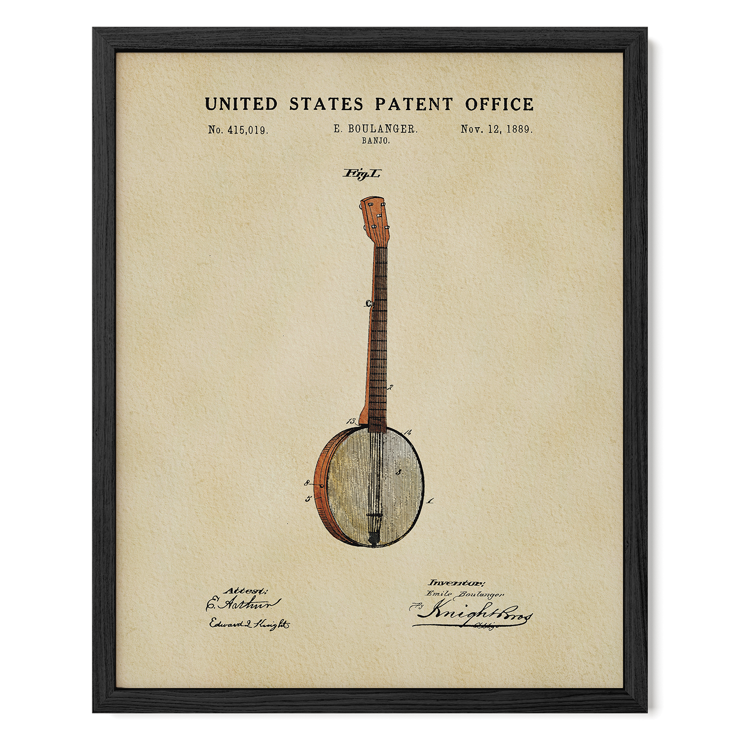 The image is a framed patent drawing of a banjo, depicting the instrument in a vintage style.