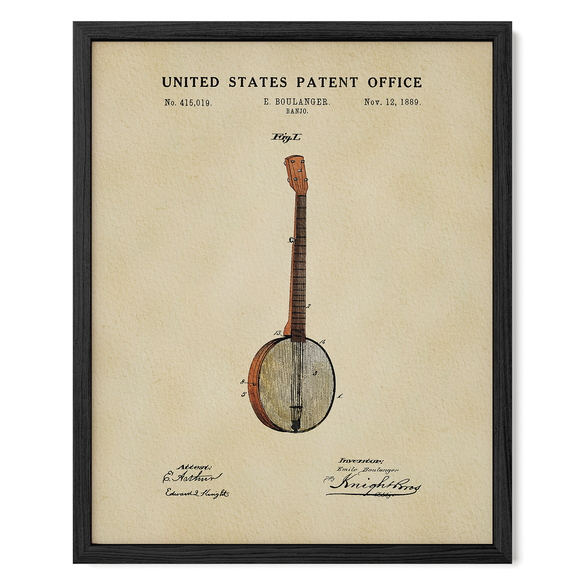 The image is a framed patent drawing of a banjo, depicting the instrument in a vintage style.