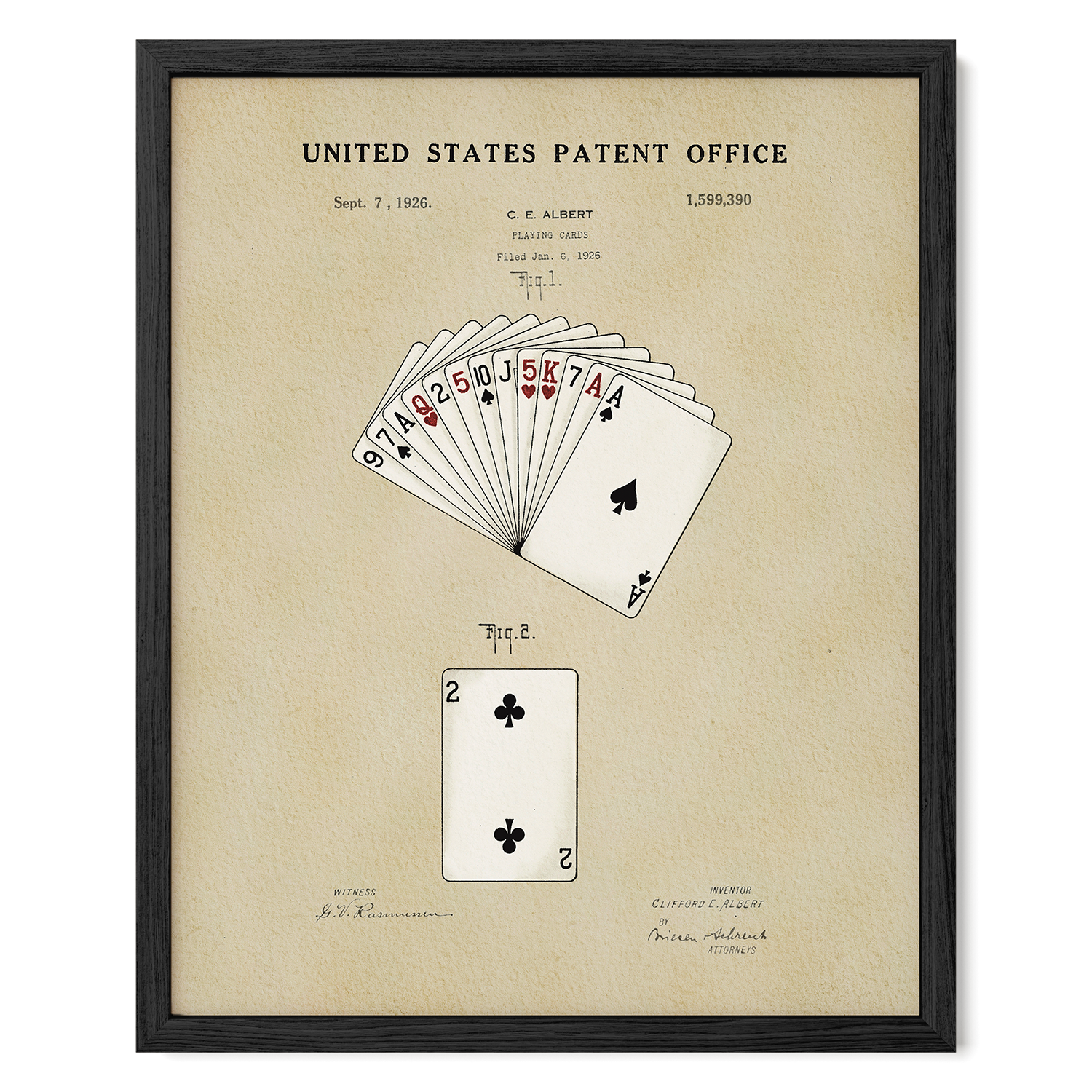 The image is a framed patent drawing depicting a deck of playing cards, specifically showing the back and front decks.