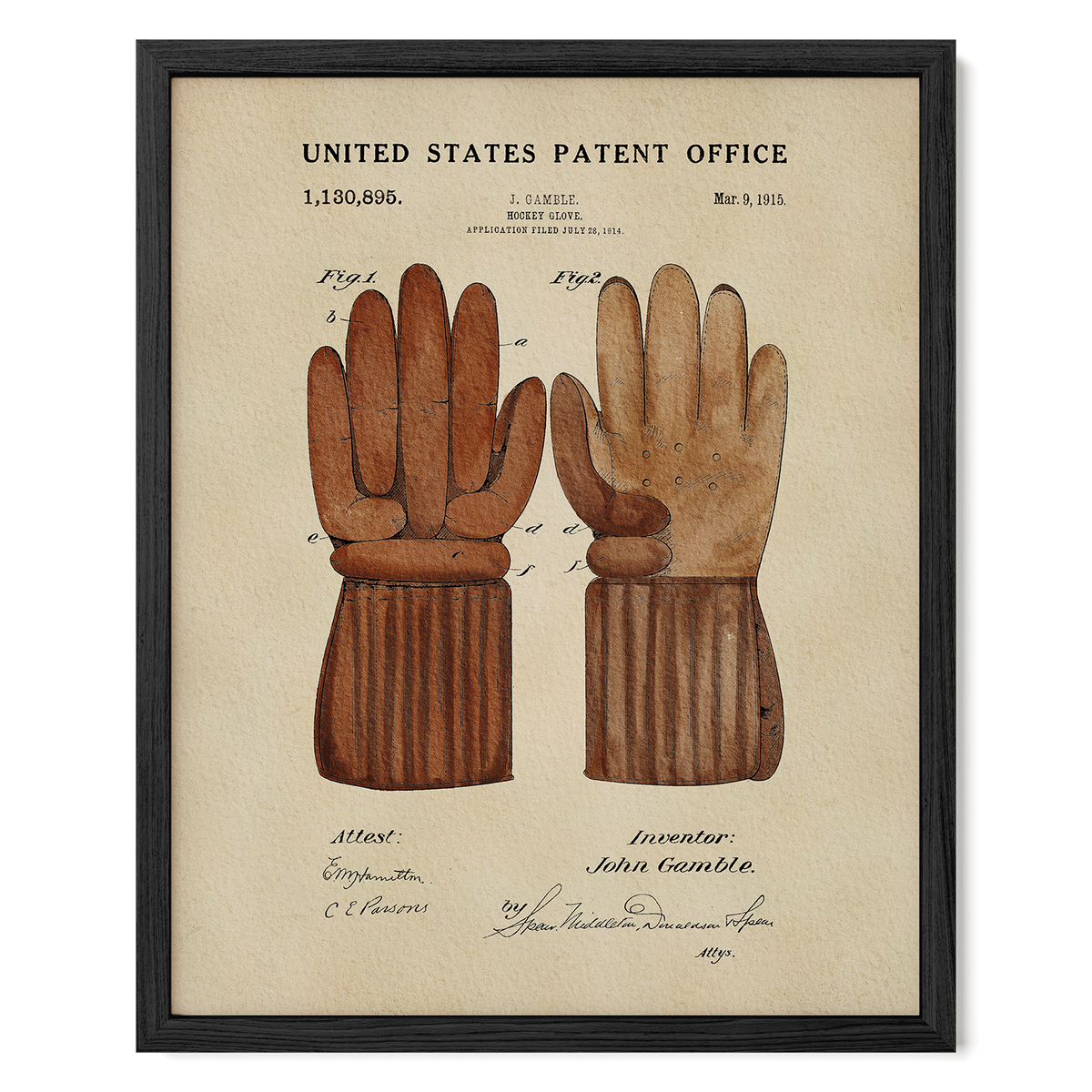 The image is a framed patent drawing depicting a pair of brown leather gloves, with the United States Patent Office and the date of invention labeled.
