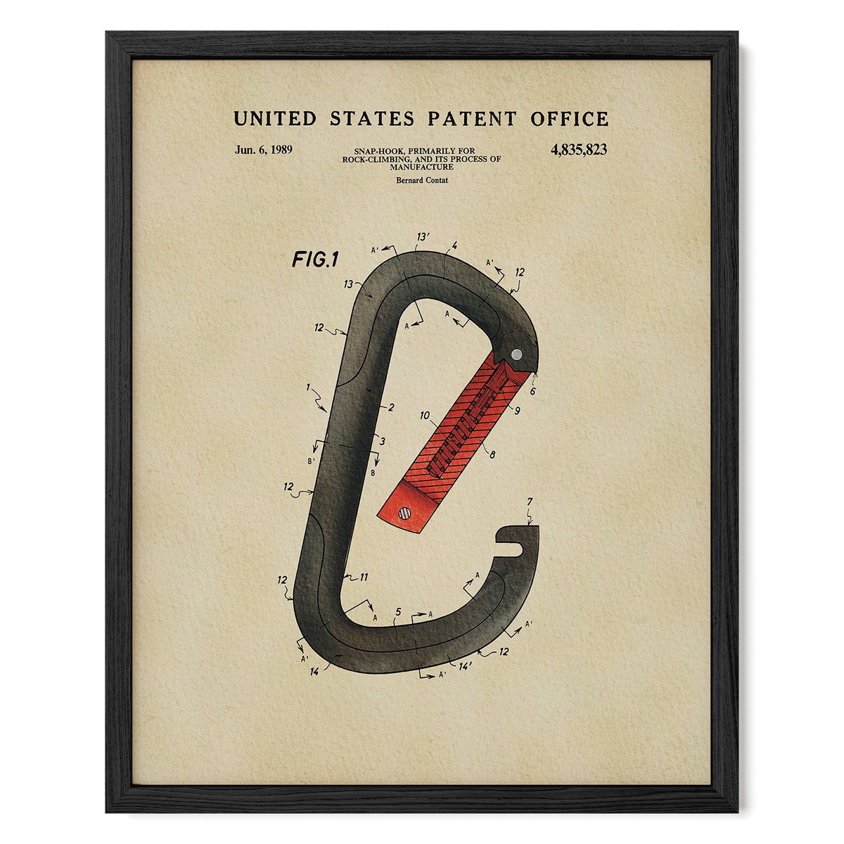 The image is a framed patent drawing depicting a black and red carabiner, a type of hook used for securing items to a backpack or other bag.