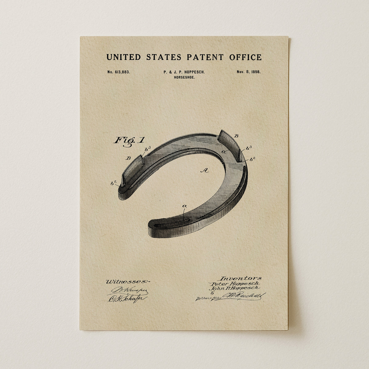 The image is a patent drawing from the United States Patent Office, depicting a horseshoe with detailed technical drawings and annotations.