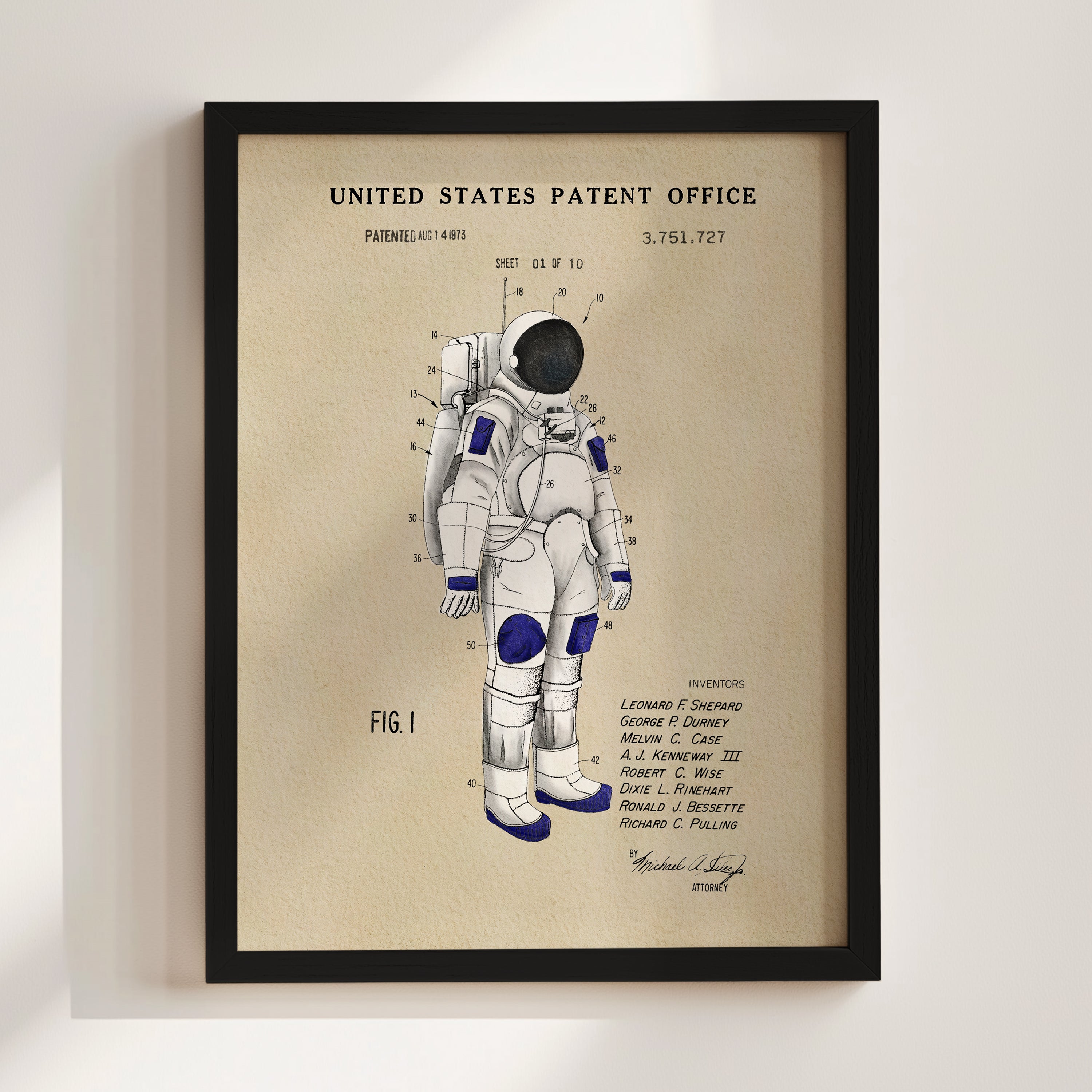 The image is a framed patent drawing of an astronaut's spacesuit, depicting the design and features of the suit.