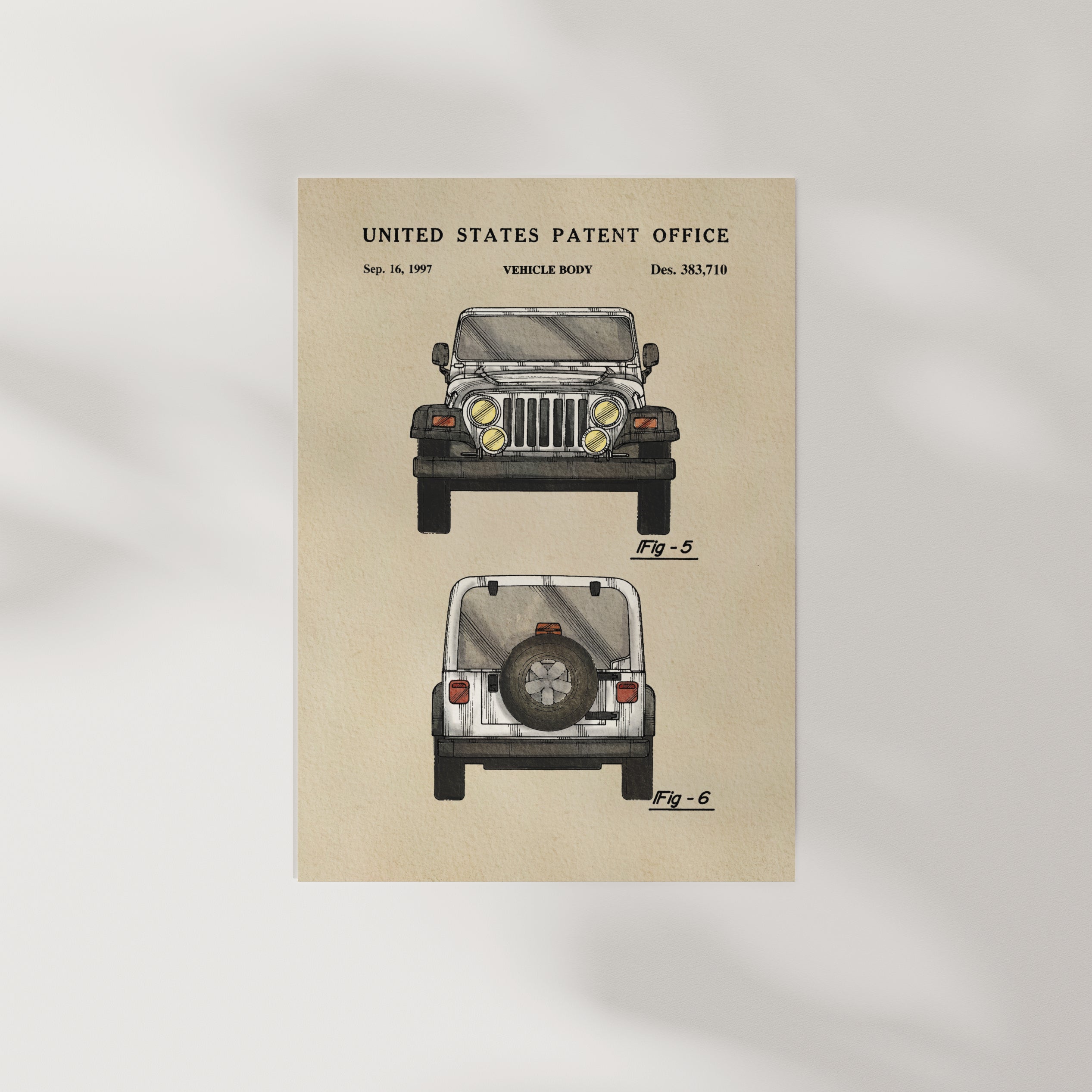 The image is a vintage United States patent drawing of a vehicle body, depicting a Jeep Wrangler from September 16, 1997.