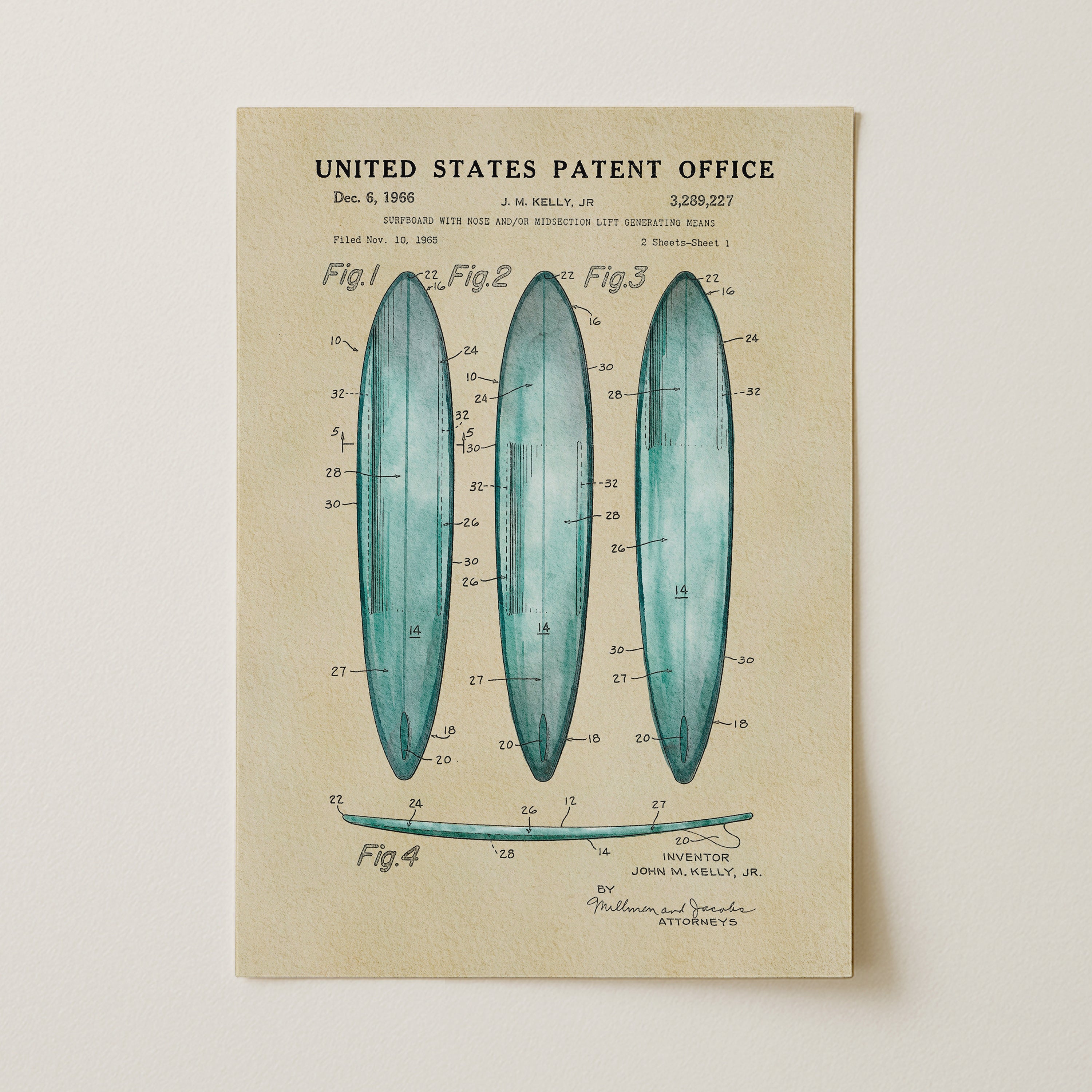 The image is a printed patent drawing from the United States Patent Office, depicting three blue surfboards with detailed technical drawings and measurements.