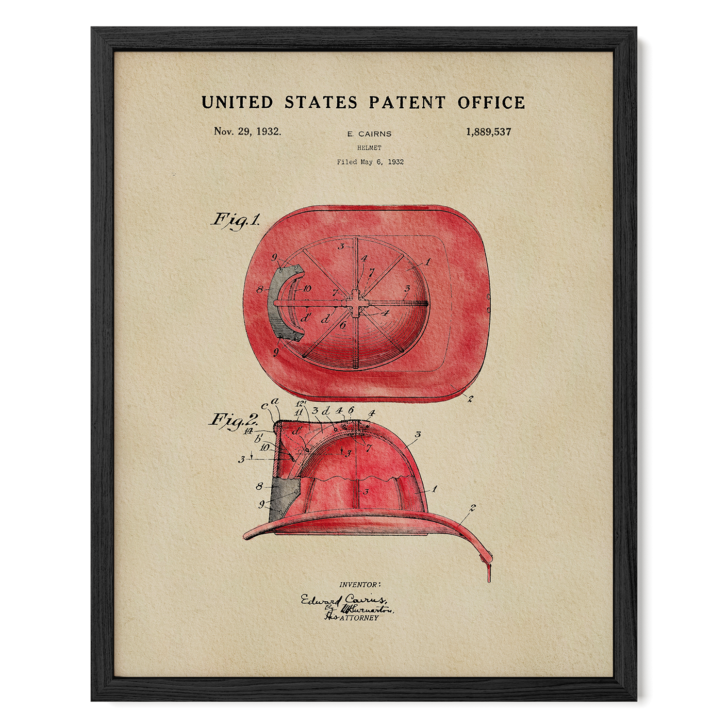 The image is a framed patent drawing of a red fire helmet, depicting the design and features of the helmet.