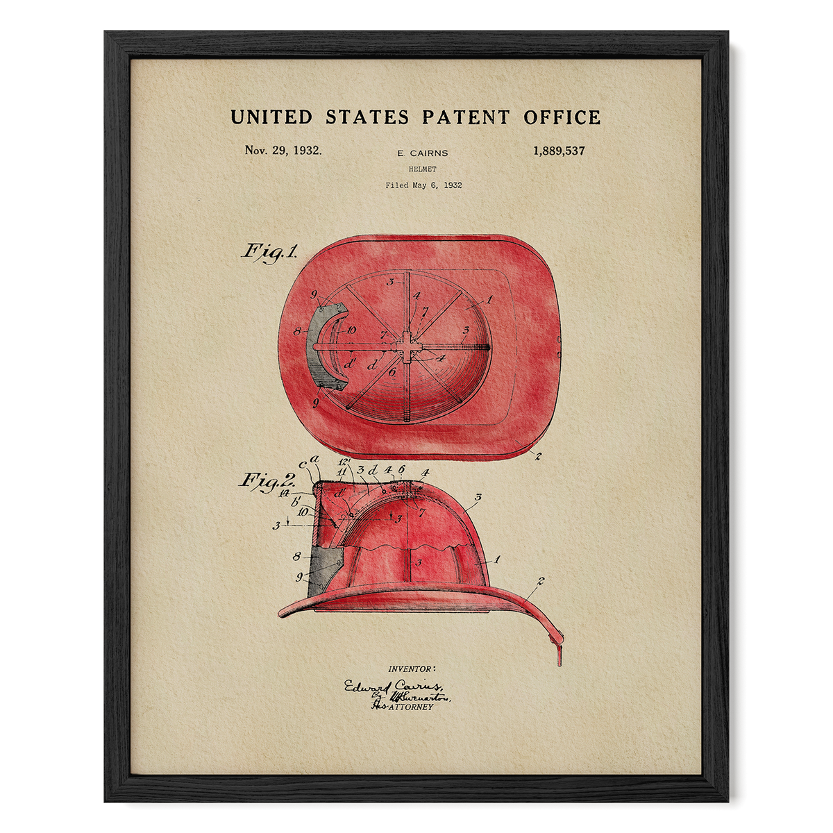 The image is a framed patent drawing of a red fire helmet, depicting the design and features of the helmet.