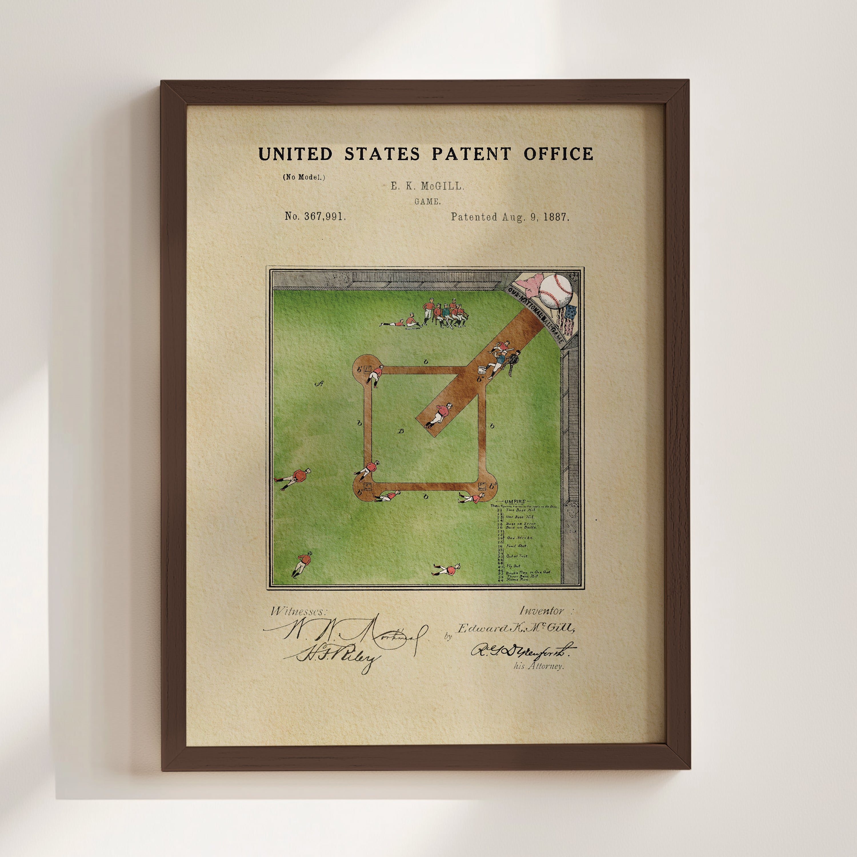 The image is a framed print of a baseball field with a baseball and a baseball bat, depicting a scene of a baseball game.