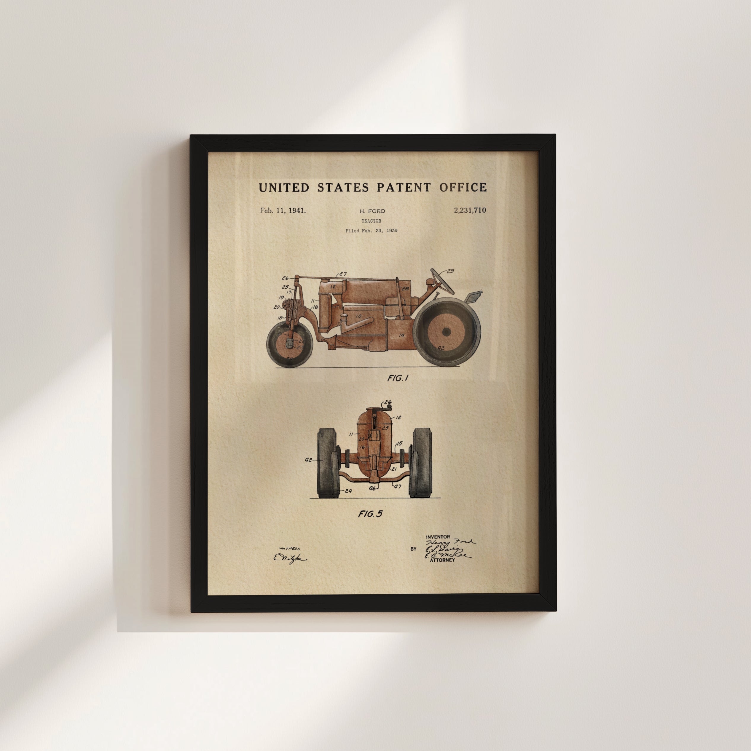 The image is a framed patent drawing of a tractor, depicting its design and features.