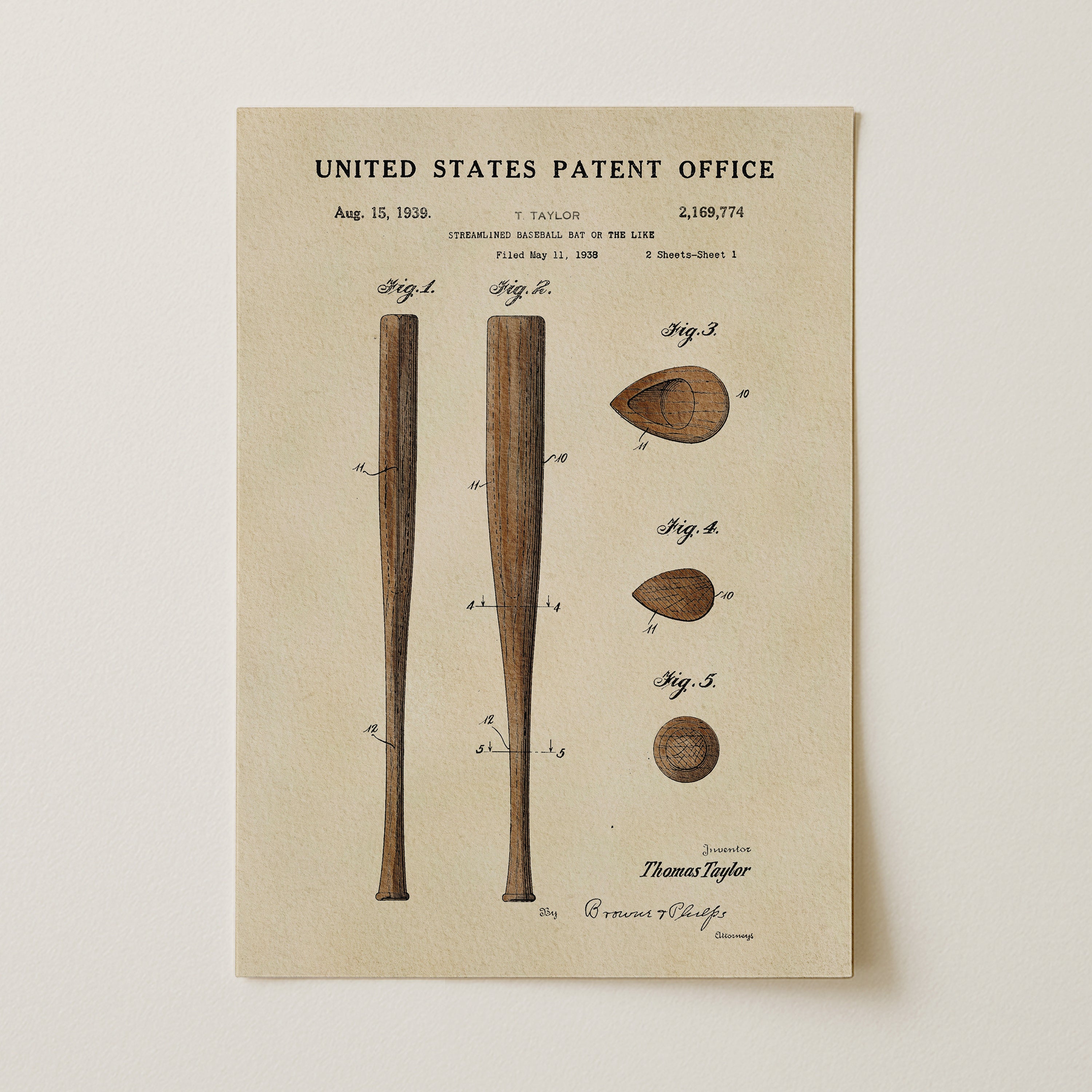 The image is a vintage United States patent office patent drawing for a baseball bat, featuring detailed drawings and labels for the bat and other baseball-related components.