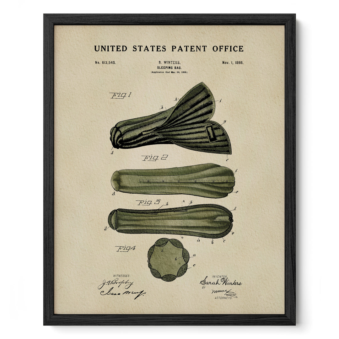 The image is a framed vintage patent drawing depicting a sleeping bag with a unique design.