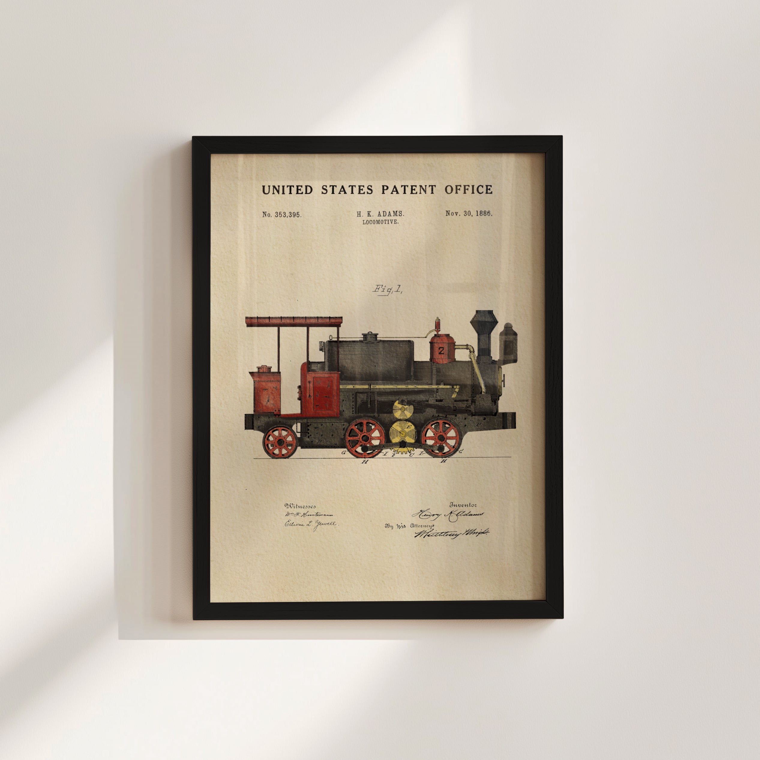 The image is a framed patent drawing of a steam locomotive, depicting a detailed illustration of the train's design and features.