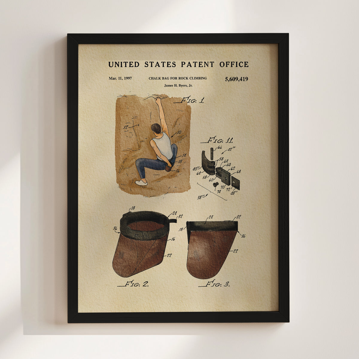 The image is a framed patent drawing depicting a man climbing a rock face, with detailed technical drawings and annotations.