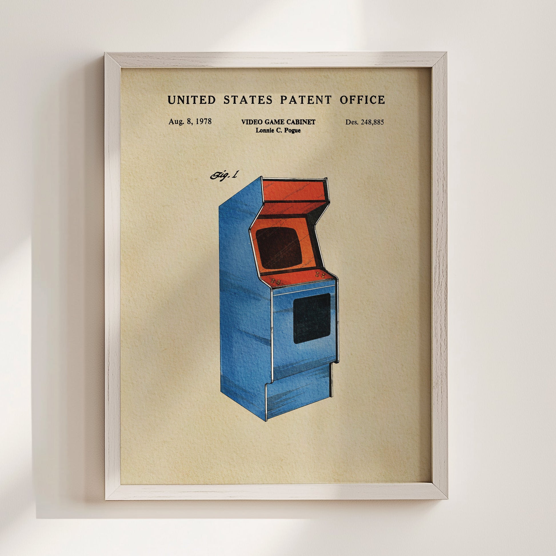 The image is a framed patent drawing of a video game cabinet from the United States Patent Office, dated Aug. 8, 1978.