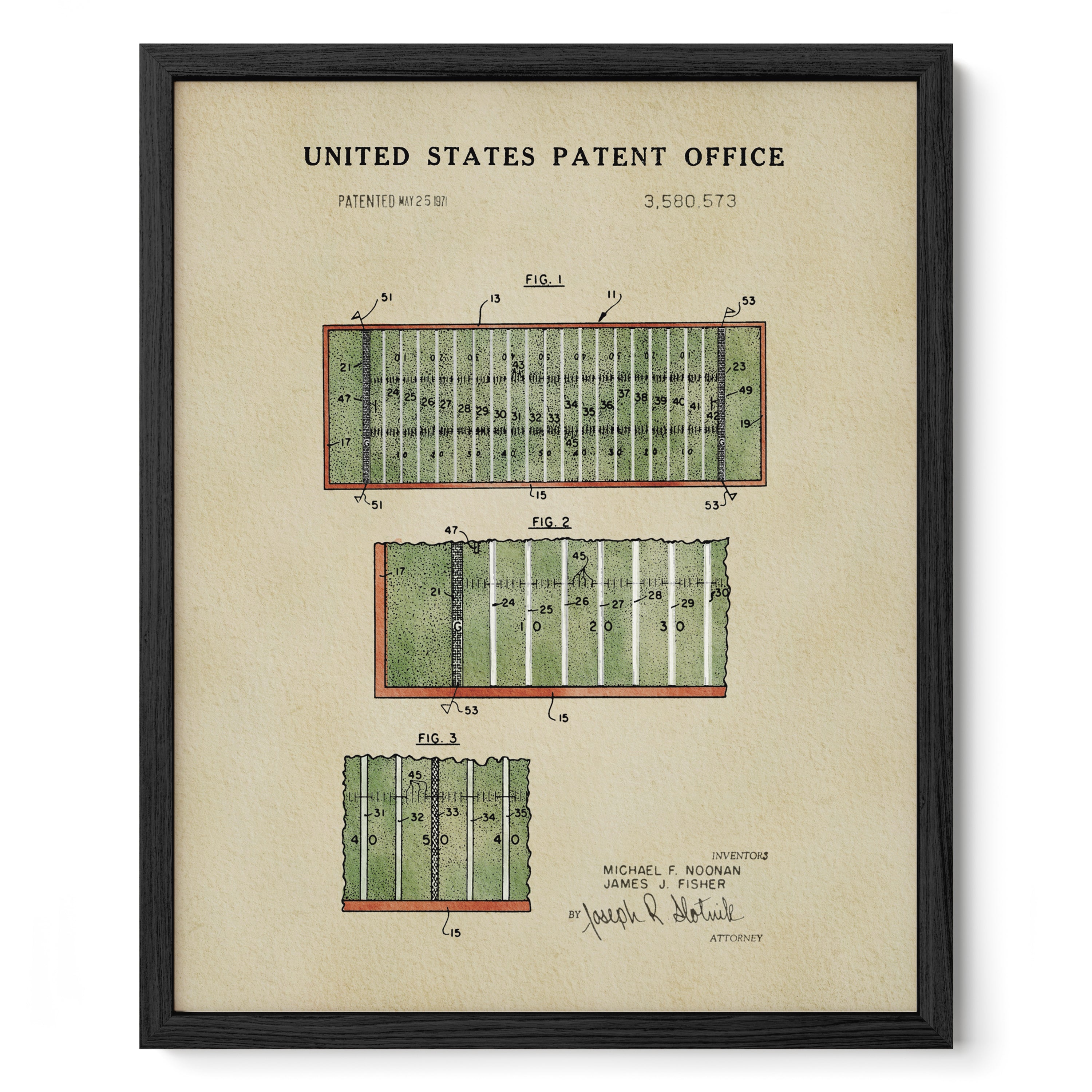 The image is a framed print depicting a patent drawing of a football field, with three different sections of the field labeled with numbers and text.