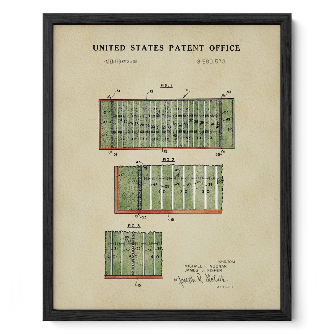 The image is a framed print depicting a patent drawing of a football field, with three different sections of the field labeled with numbers and text.