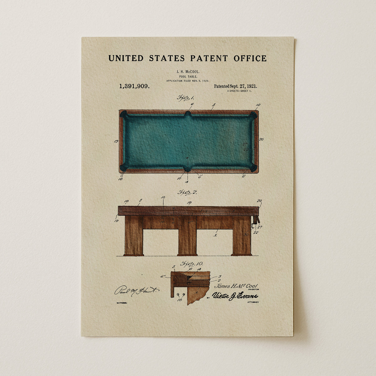 The image is a patent drawing of a pool table from the United States Patent Office, dated September 27, 1921.