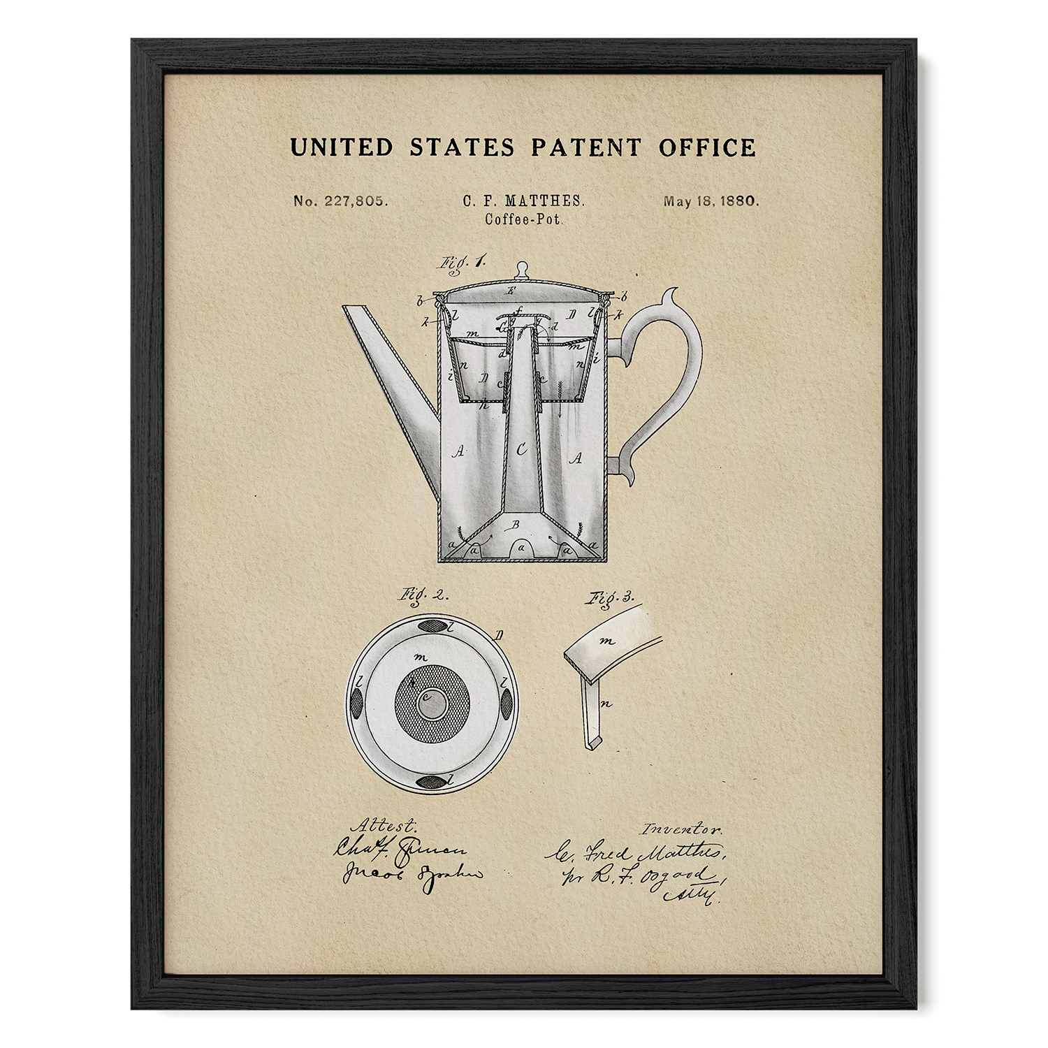 The image is a framed patent drawing of a coffee pot, depicting the design and construction of the device.