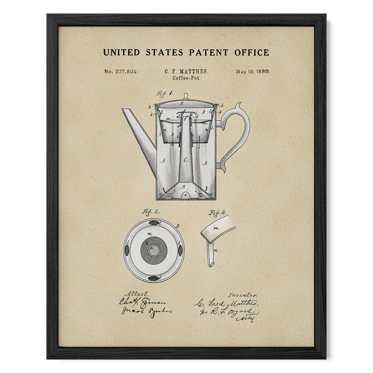 The image is a framed patent drawing of a coffee pot, depicting the design and construction of the device.