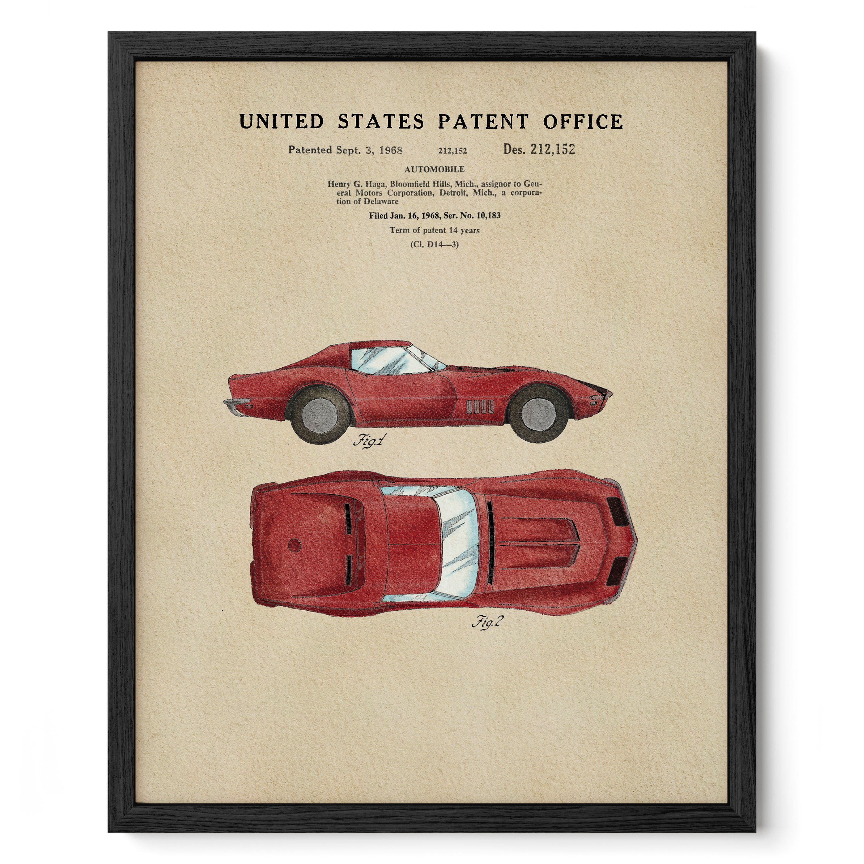 The image is a framed vintage patent office print featuring a red sports car illustration.