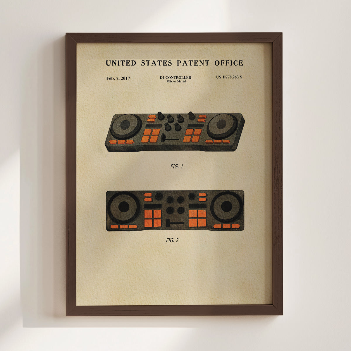 The image is a framed print of a United States patent office patent from February 1, 2017, titled "DJ Controller". It features two illustrations of a DJ controller, one with a black and orange design and the other with a more traditional color scheme.